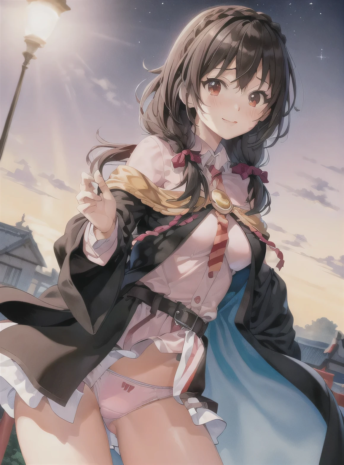 ((Show panties:1.3)), colorful, 1 girl,at the park, night view, evening,joy,origin,(beautiful face),(realistic face, perfect eyes,1.1),analog style,RAW,real life photo,medium quality,normal aesthetic,break,1girl,(japanese girl:1.1),(round face:1.3),break,(intricate underwear),(masterpiece, highest quality, 16K), delicate, Detailed, Sharp, 1 girl, Yunyun,long hair,Braid,twin tails,hair between eyes,hair ribbon,hair ornaments,big breasts,(cape:1.2),tie,shirt,pink shirt,long sleeve,belt,pink skirt,pantyhose,loafers,brown footwear, big breasts, blush, smile, looking at the viewer, ((A 1990s-style painting:1.3)), skirt lift, panties, impressionism, professional lighting
