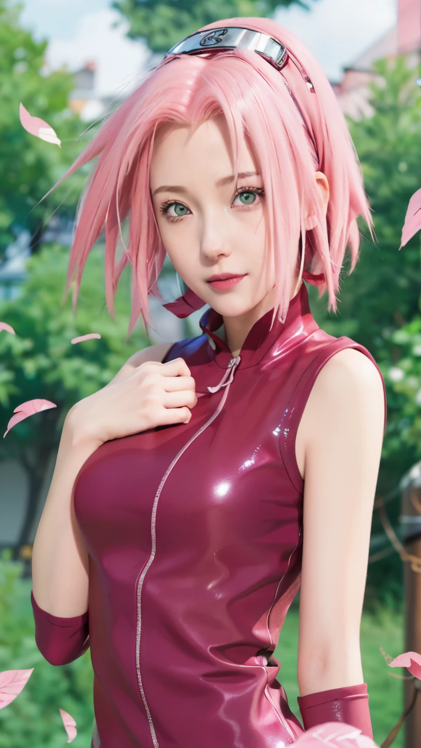 Close-up of a man with short hair and a hoodie, Haruno Sakura, Haruno Sakura From Naruto, From Naruto, as an anime characters, perfect anime face, she has pink hair, female anime characters, anime characters, Anime Best Girls, Ji cut hairstyle, pink hair, (red glossy lips:1.3), light green eyes, Smile,  (pretty face:1.3)