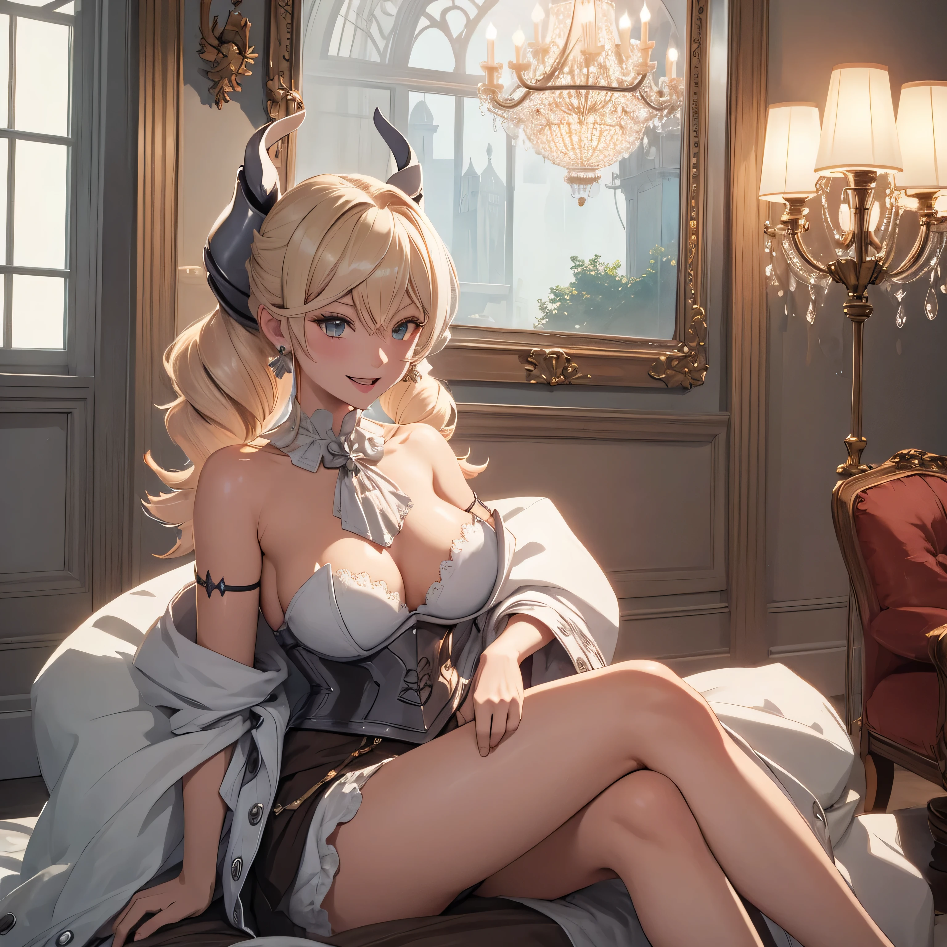 ((masterpiece)),(best quality), ((extremely detailed CG unity 4k wallpaper)),(cinematic lighting), (an extremely delicate and beautiful girl:1.3),face, fixed eye, hand fixed (++blonde hair++), Burgundy eyes, long hair, jewelry,earrings, :d, maid, labrynth,
Large breast ,(Crystal chandelier), horn ,indoor ,hand over lab, sitting , crossed leg in detailed, all body , leg fixed