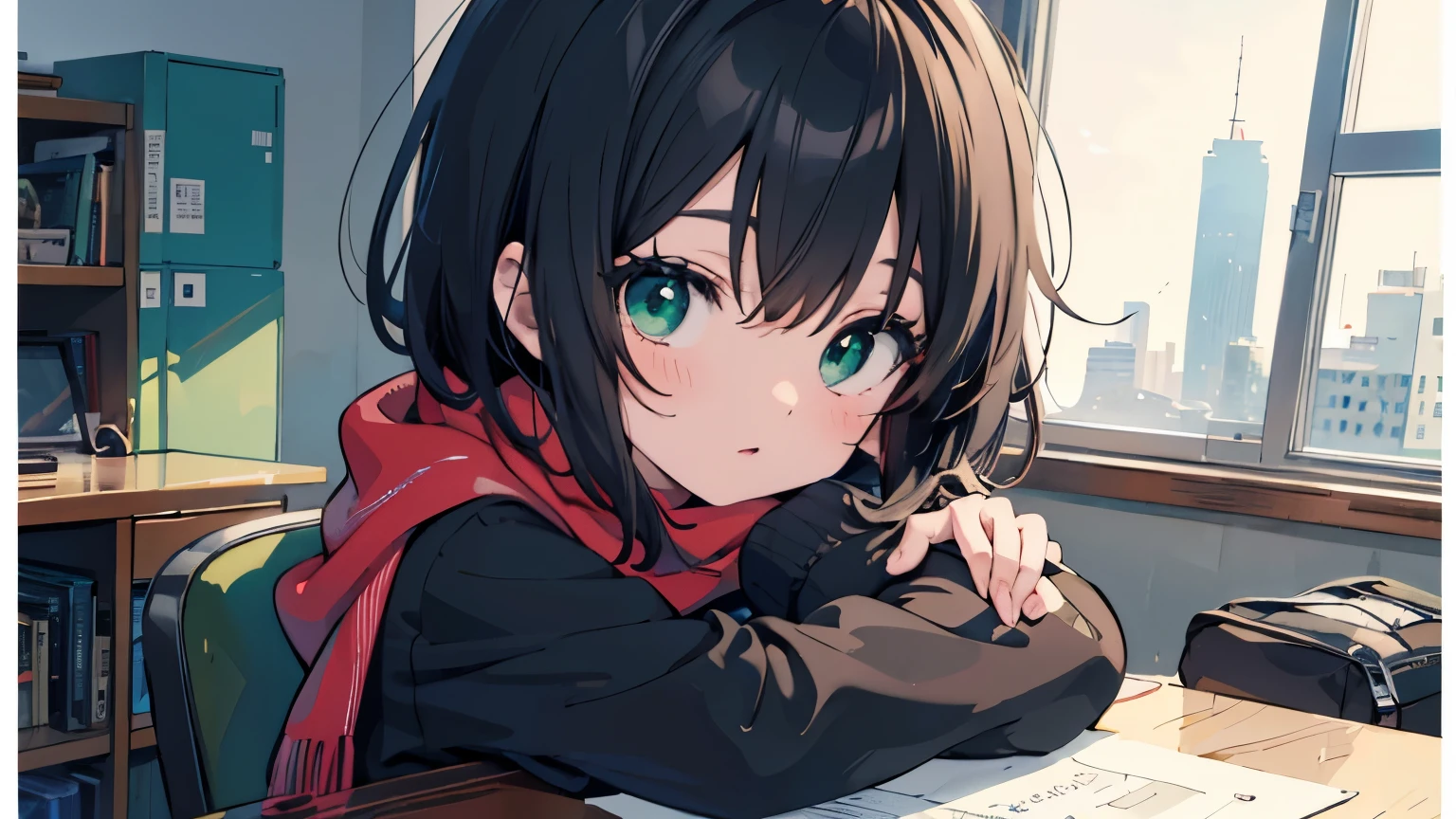 top quality, masterpiece, super high resolution, super detail, anime girl reading, red scarf with black stripes, short black hair, light green sweater, black shorts, digital anime art, sitting at desk typing on keyboard, anime style illustration, lofi girl, portrait of lofi, digital anime illustration, cute girl anime visual, Lofiatostyle, anime style 4 k,