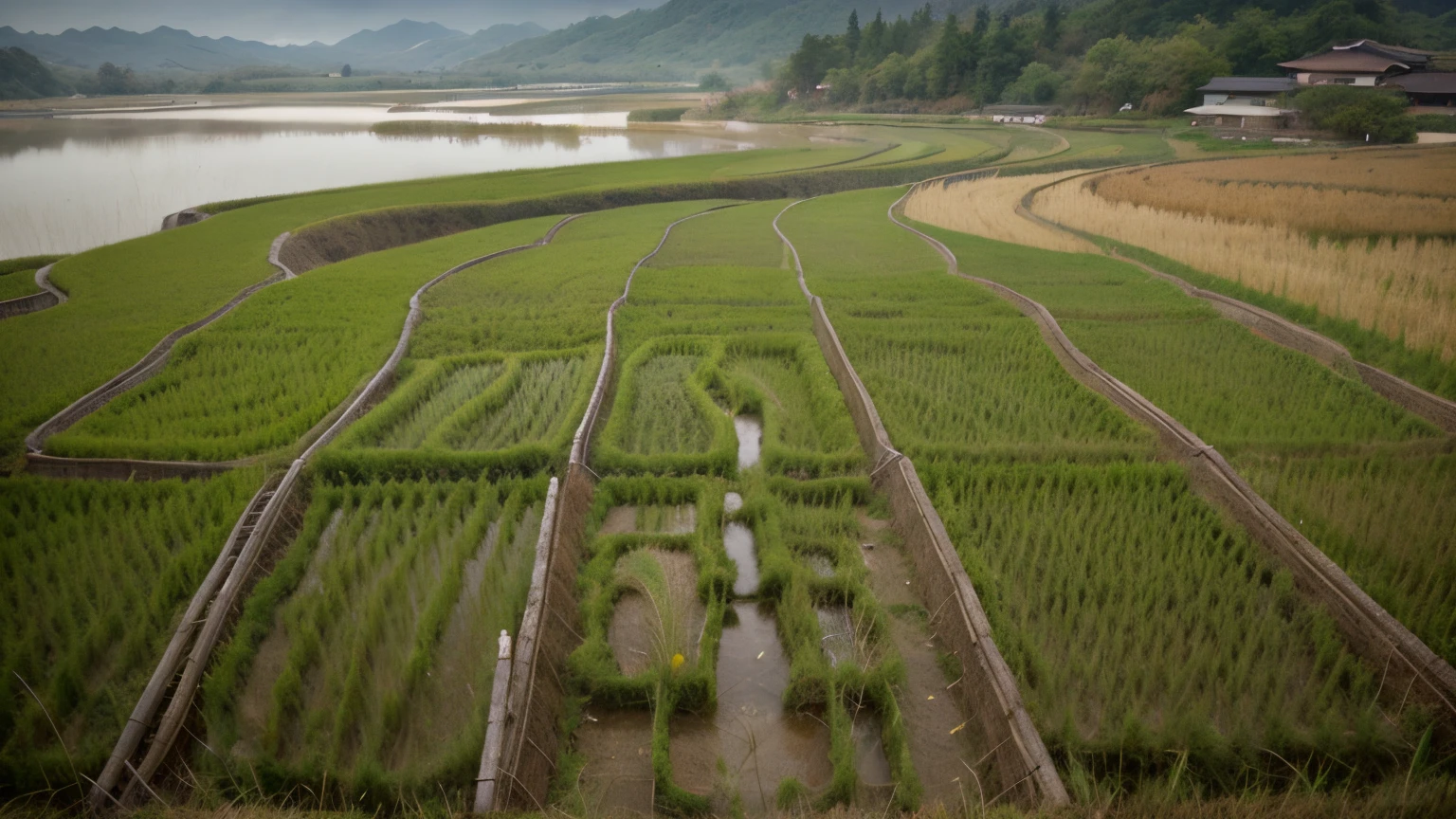((traditional Chinese painting)), ((Rice fields harvest)), (Leave blank), Work