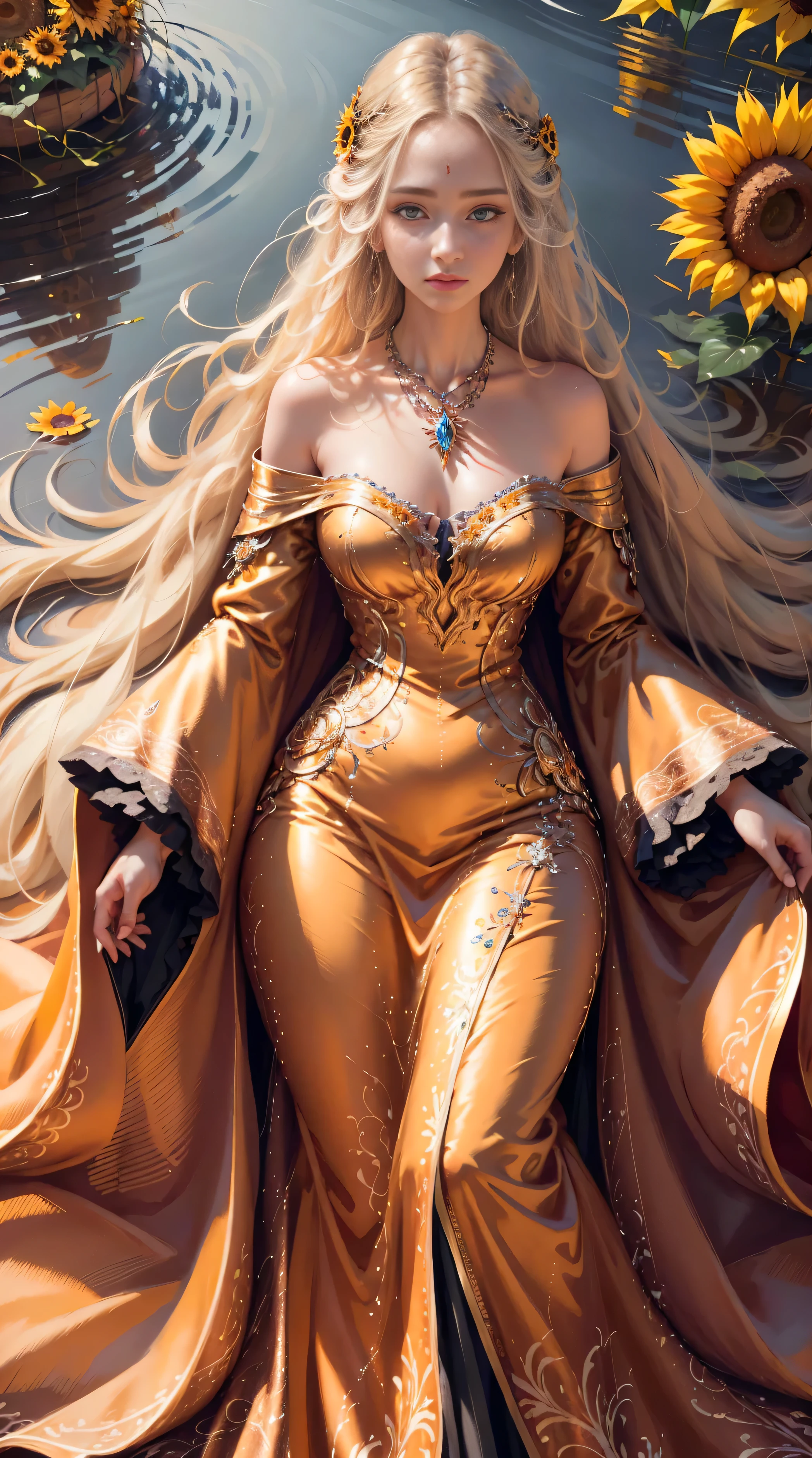 (  Absurdly , High quality , ultra detailed ) ,( hand detailed ) , 1girl, solo, mature, very long hair, sunflower hair , beautiful crystal eyes ( eye detailed ) Baroque, Necklace, long dress, long sleeve, elegant, colorful, highest detailed, upper body , with the river and sunflowers