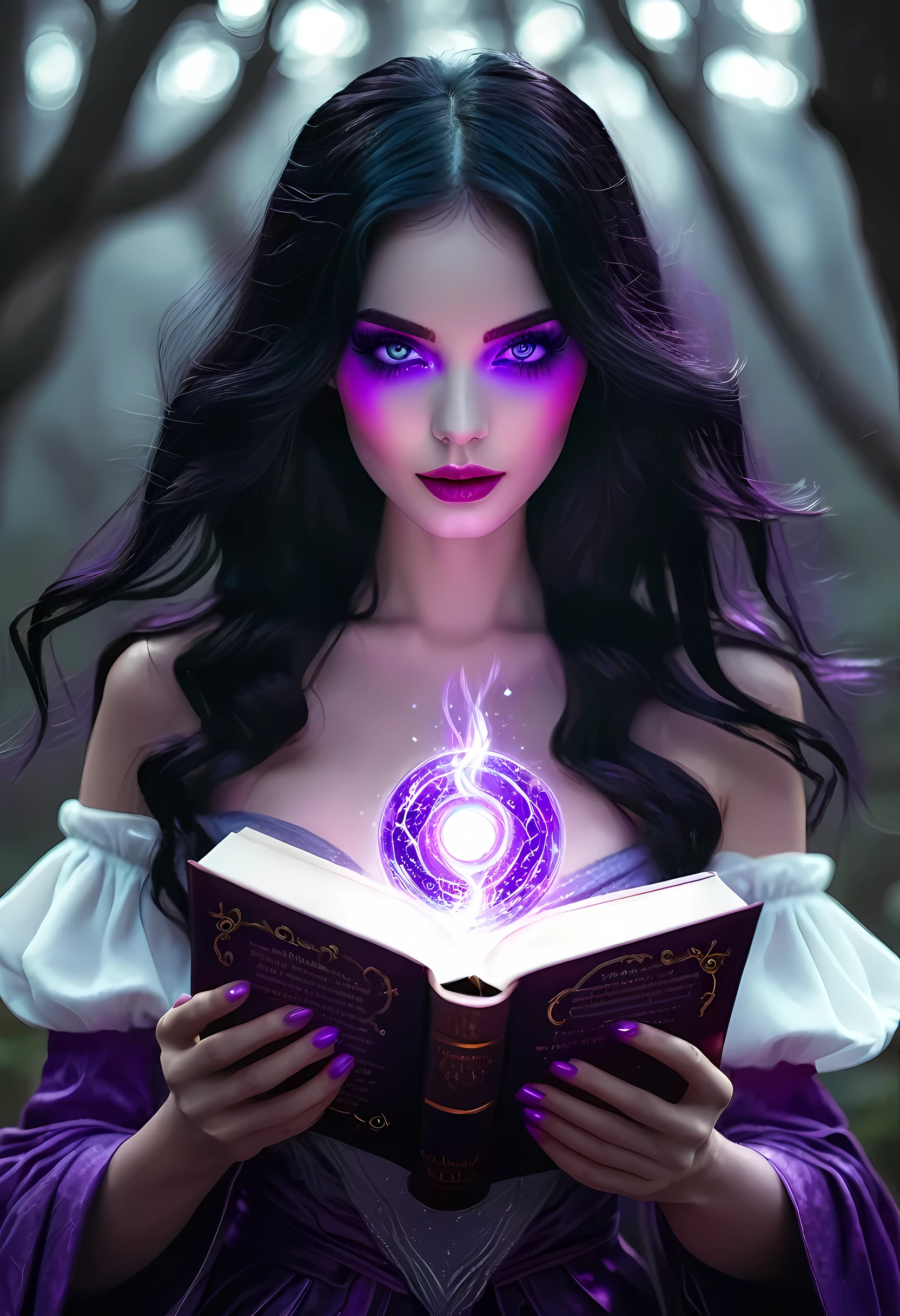 Woman with black hair white skin, Holding a Magical book and she has glowing purple eyes