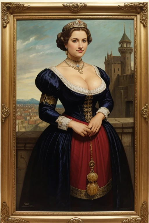 MILF, 2 QUEENS, , BBW, photo vintage, visage feminin parfait, blonde, tache de rousseur, 1888, big huge breasts : 48H,FRONT VIEW, Rembrandt LIGHT , EXTREME LONG V-NECK, BIG CLEAVAGE, BEAUTIFUL EYES, BEAUTIFUL HANDS, LIGHT SMILES, PERFECT FACE, tres long décolleté, CASTLE BACKGROUND, QUEEN, NECKLACE, RING, JEWELERY RICH, SFW, FULL BODY, COLORFUL, ITALIAN,