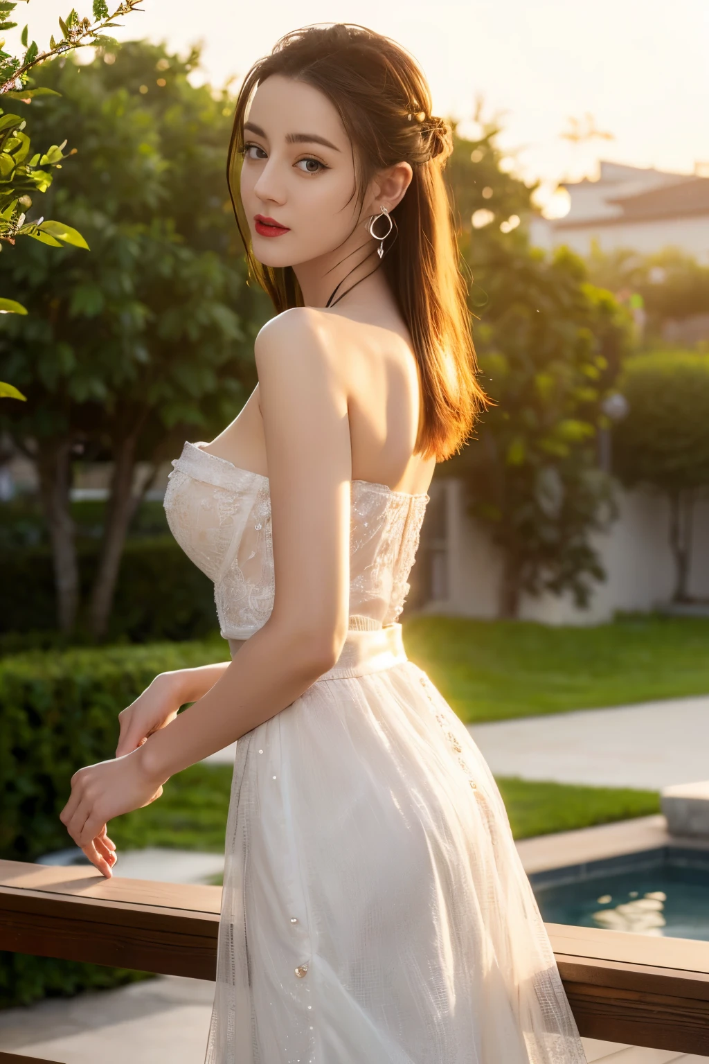 ((top quality、8K、Masterpiece:1.3))、Extremely delicate beautiful girl,huge breasts,bigger breasts,amazing breast size,G cup,Sunset。Wear big earrings,Very white skin,moist red lips,Waist is very thin,Thighs are very thin,big ass,exposed,fair and smooth skin,Smooth and fair skin,flawless skin,Fair and shiny skin,cold white skin,The camera focuses on the chest,bright light,Bandeau dress,transparent skirt,Openwork skirt,exposed的肩膀,white hair,The hair is gray,后背exposed到臀部,完全exposed的后背,Smooth white back,Stand sideways,Turn around