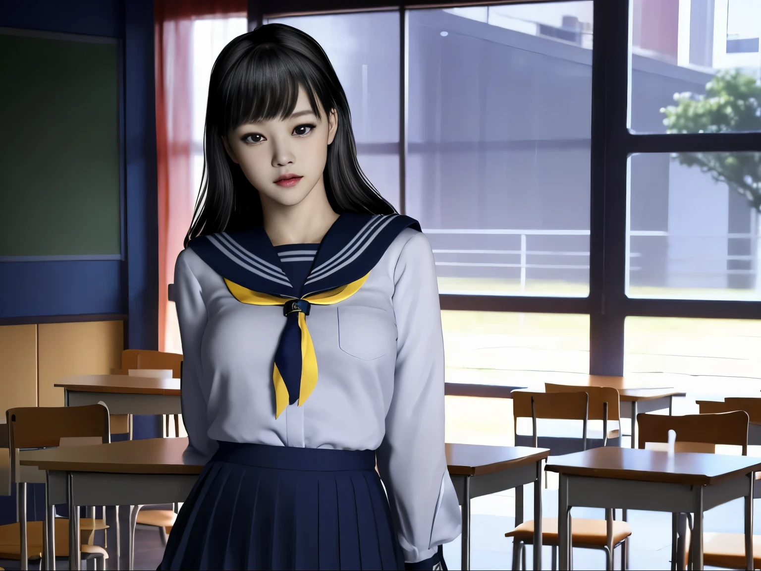 (dark photo、unity、8k wallpaper)、(very delicate and beautiful)、(masterpiece)、(highest quality:1.2)、(超A high resolution:1.3)、(beautiful realistic asian),beautiful lighting、perfect lightning、realistic shadow、fine skin、Super detailed、detailed face and eyes、realistic eyes、sharp pupils、Huge , inside the classroom、School、sunset、beautiful face、blurred background、(japanese woman)、shiny skin、side up、美しいblack hair、dull bangs、Japan High School Sailor Uniform、pleated mini skirt、gentle smile, ((table top, highest quality)), (shiny skin), cinematic lighting, Physically based rendering, award-winning, highly detailed skin, highly detailed face, Beautiful eyes in every detail, Carl Zeiss 85mm F/1.4, (Standing position), (cumin , on the chest and thighs), she'She's a very cute 16 year old , (black hair, straight long hair, open your eyes, blush), big cleavage, (sailor blouse, Pull up the pleated skirt yourself:1.3), watching from a distance, (navy knee socks, thigh focus),art by、