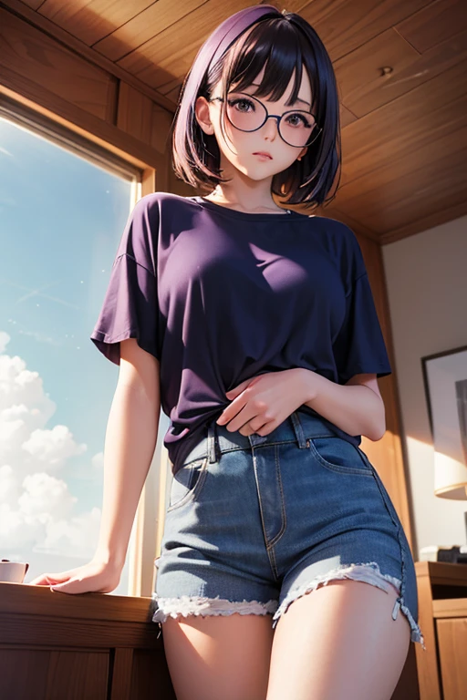 (original photo, 4K, masterpiece, High resolution, extremely complex) (actual: 1.4), movie lighting, 1 girl, focus only, summer noon, thermal, 1990s (style), denim lenses, indoor, Purple short-sleeved T-shirt