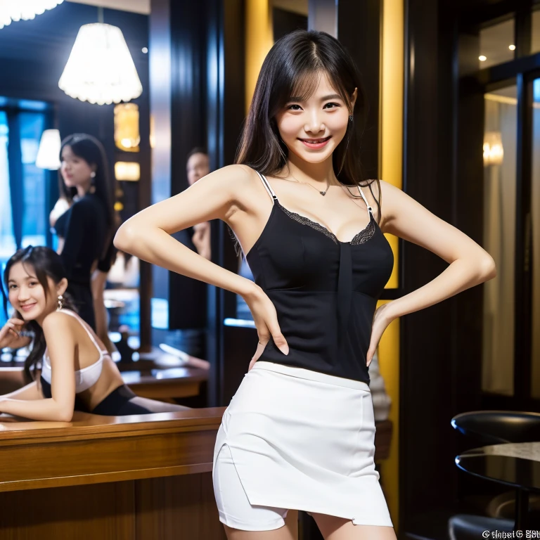 4k, cute and skinny Korean woman,18yo, (Black business tight skirt:1.5), ((white:1.5) small-triangle bra), ((all four:1.5)), concierge, smiling, innocent,at hotel lobby, many women in background, detailed face and eyes, natural arms, (((black:1.5))) tight mini skirt