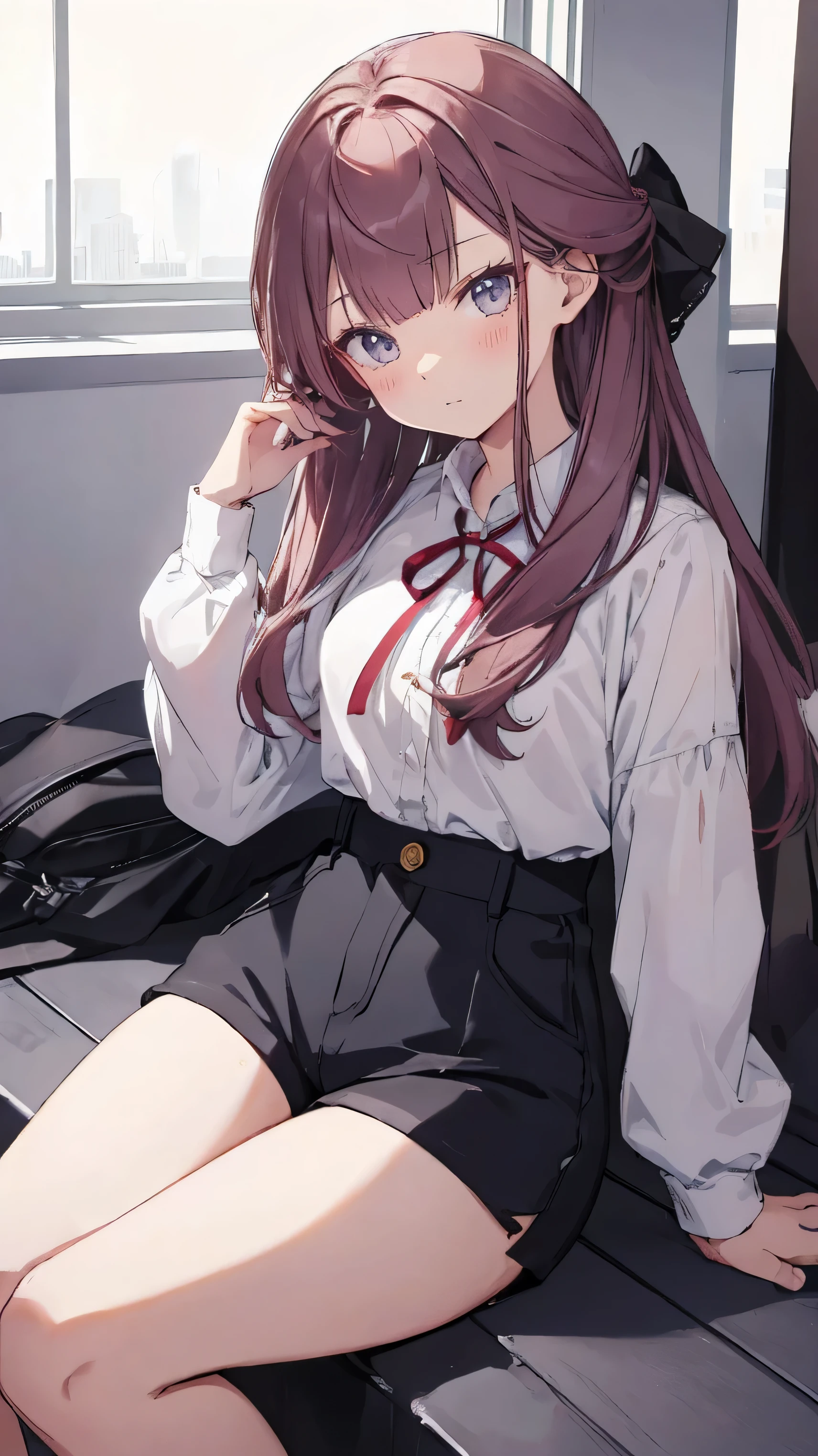 master piece、Highest image quality、highest quality、 ((panic))、glossy hair quality、small face、sitting、Super detailed and beautiful bright eyes、Super detailed clear and beautiful face、(cute illustration:1.2), High-resolution, ultra-detailed, best quality, embarrassed、(Gaps in shorts).(Cute underwear that can be seen at a glance)
