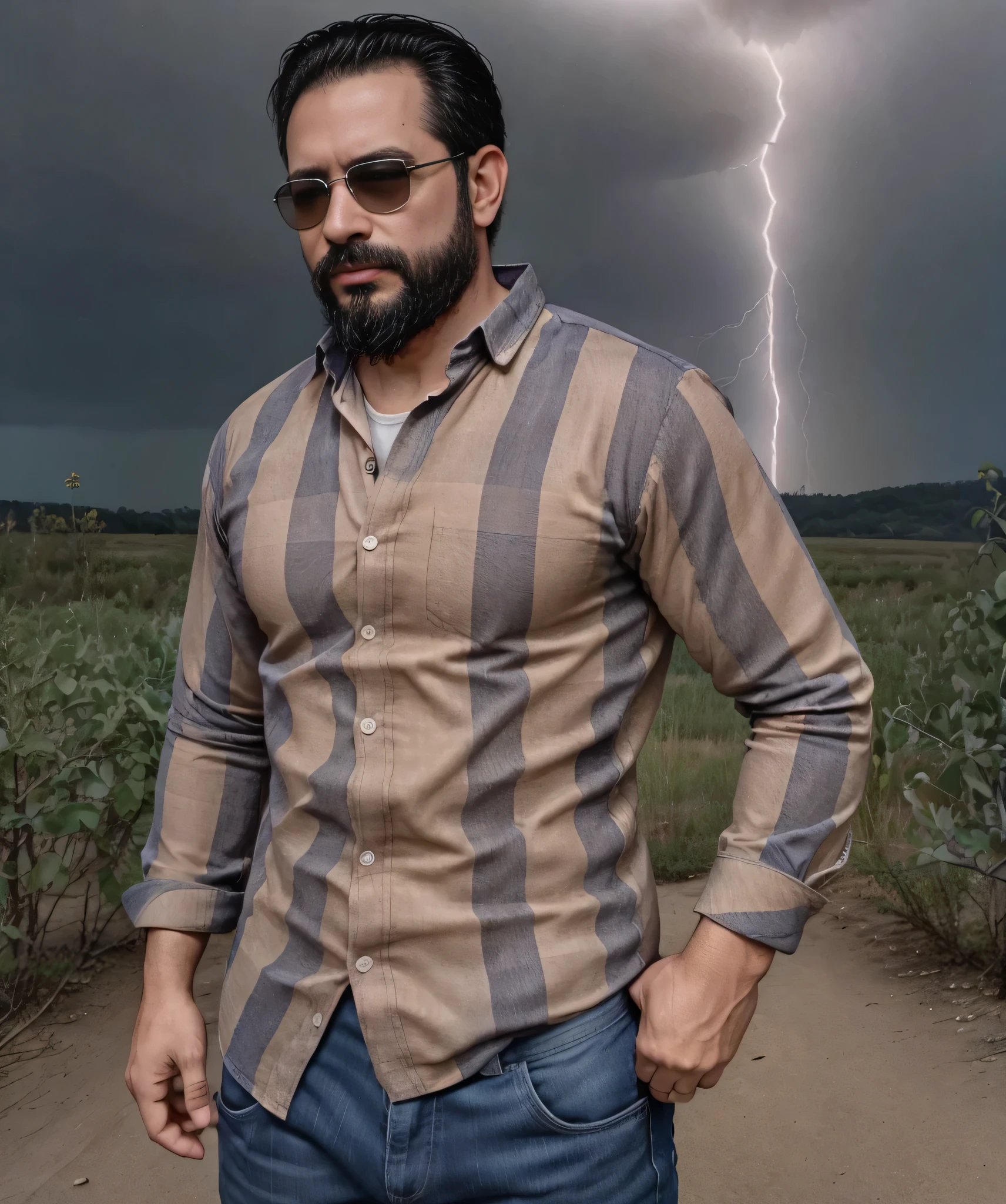 Obra maestra, desenfoque de campo, Parte superior del cuerpo, hands in pants pockets , 38 year old man with beard and square sunglasses. Man wearing a checkered shirt in an action movie with long guns, with a thunderstorm in the background.