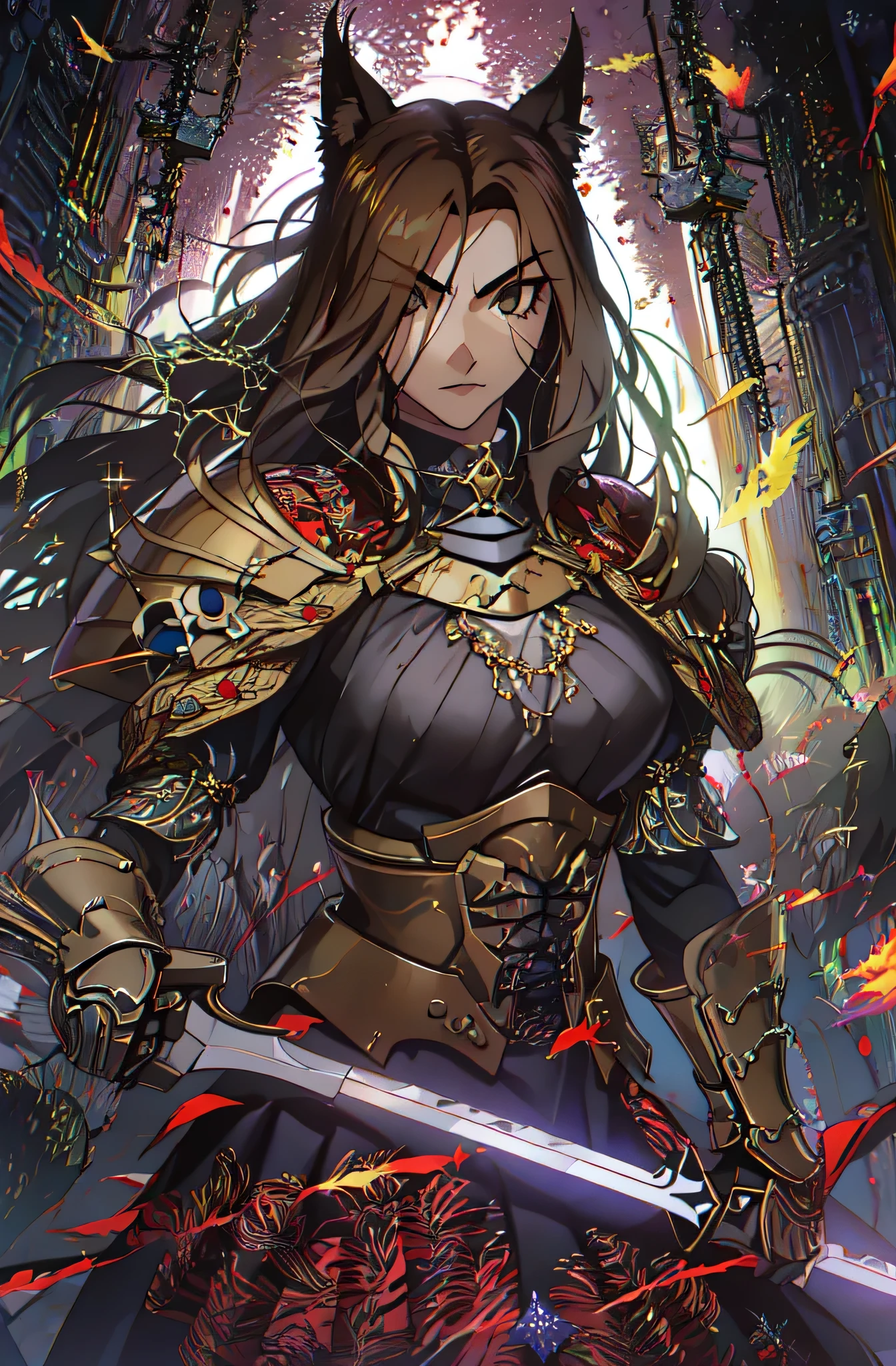 8k, masterpiece, highest quality, best quality, official art, beautiful and aesthetic, extremely detailed, (fractal art: 1.3), colorful, highest detailed, perfect face, athletic upper body, HDR,tall, athletic figure, Detailed face, Detailed eyes, brown eyes, perfect face, perfect eyes, ( 1mal, 1knight, slim waist, handaome face, pretty face, long brown hair, sharp jawline, tannned skin, sharp jawline, browm eyes, light armor, hero suit, black lipstick, black eyeshadow, brown hair, wolf cut, Standing, menacing pose, strong pose, holding sword, holding a claymore sword, holding a greatsword, big sword, Red glowing aura, menacing expression