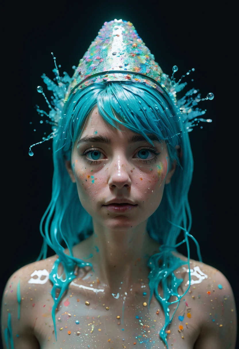 portrait of an astronaut nude toon doll with cyan hair, full body raw candid cinema, 8k, best quality, masterpiece, don bluth style, photographic, realistic, sad atmosphere, dark lighting, oppressive atmosphere, depressive colors, kodak portra 400, natural light, pinhead lights, blur reflection, brush strokes, smooth, abstract, splatter, oil on canvas, rainbow colors, fractal isometric details, bioluminescent, 3d render, octane render, intricately detailed, titanium decorative headdress, cinematic, trending on artstation