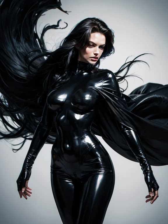 in a swirling liquid void, photorealistic sexy female venom marvel comics symbiote flowing liquid latex black alien goo,sleek feminine body, iconic sultry action standing pose ready for action. alien world of amorphous globs of black liquid goo. sci-fi, high contrast black and white, cool concept ink art, giger, 