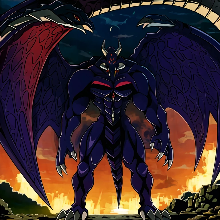 (masterpiece, best quality:1.2), 1boy, solo, monster, dark skin, spikes, claws, red eyes, Zorc, dragon head, wings, standing, anime