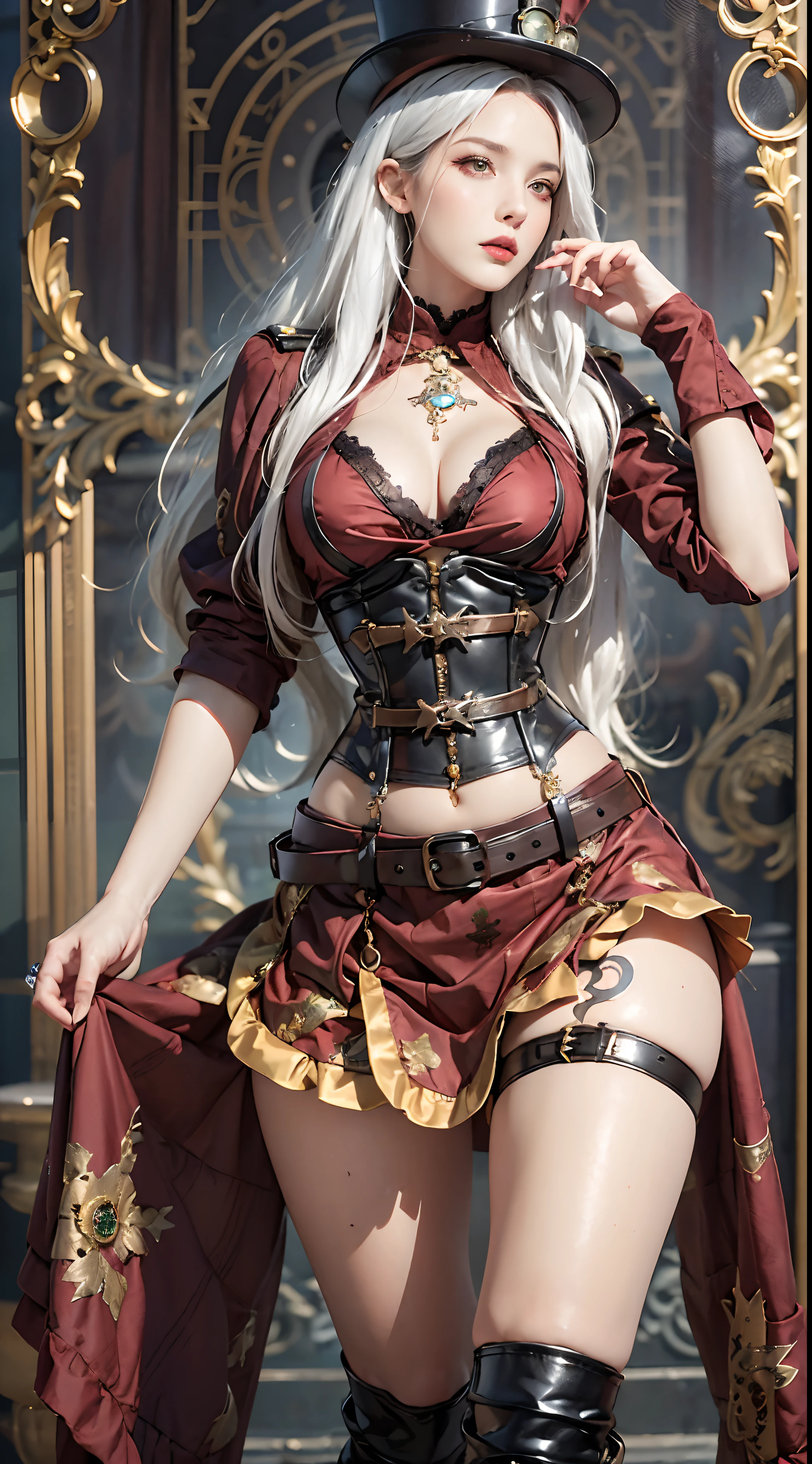 realistic, high resolution, 1 woman, butt up, beautiful eyes, long hair, round eyes, bijouterie, Tattoo, skirt, thighs, have, bijouterie, Boots, belt, Lips, zettai ryouiki, thigh Boots, corset, top have, steampunk, steampunk_Costume, gray hair, back