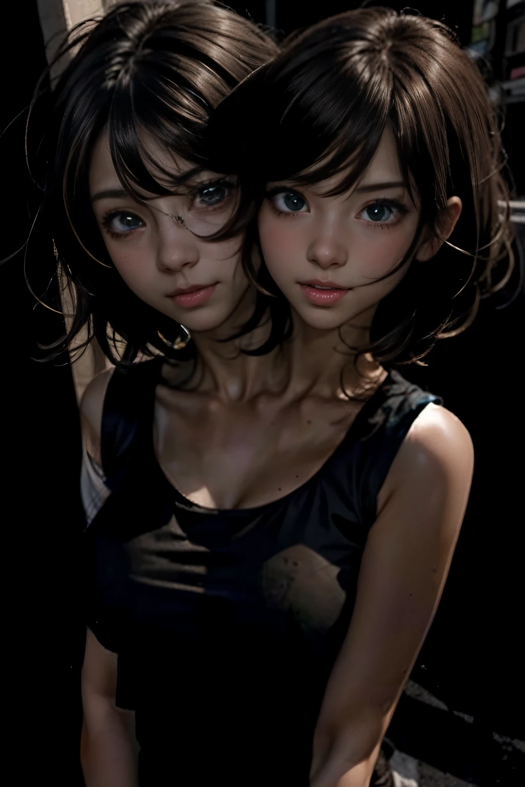 a close up of a woman with a short hair and a white shirt, realistic anime 3 d style, anime realism style, kawaii realistic portrait, realistic young anime girl, realistic anime artstyle, attractive anime girl, realistic anime art style, anime girl in real life, photorealistic anime, beautiful anime girl, a hyperrealistic , portrait of an anime girl, (two heads), (two heads)