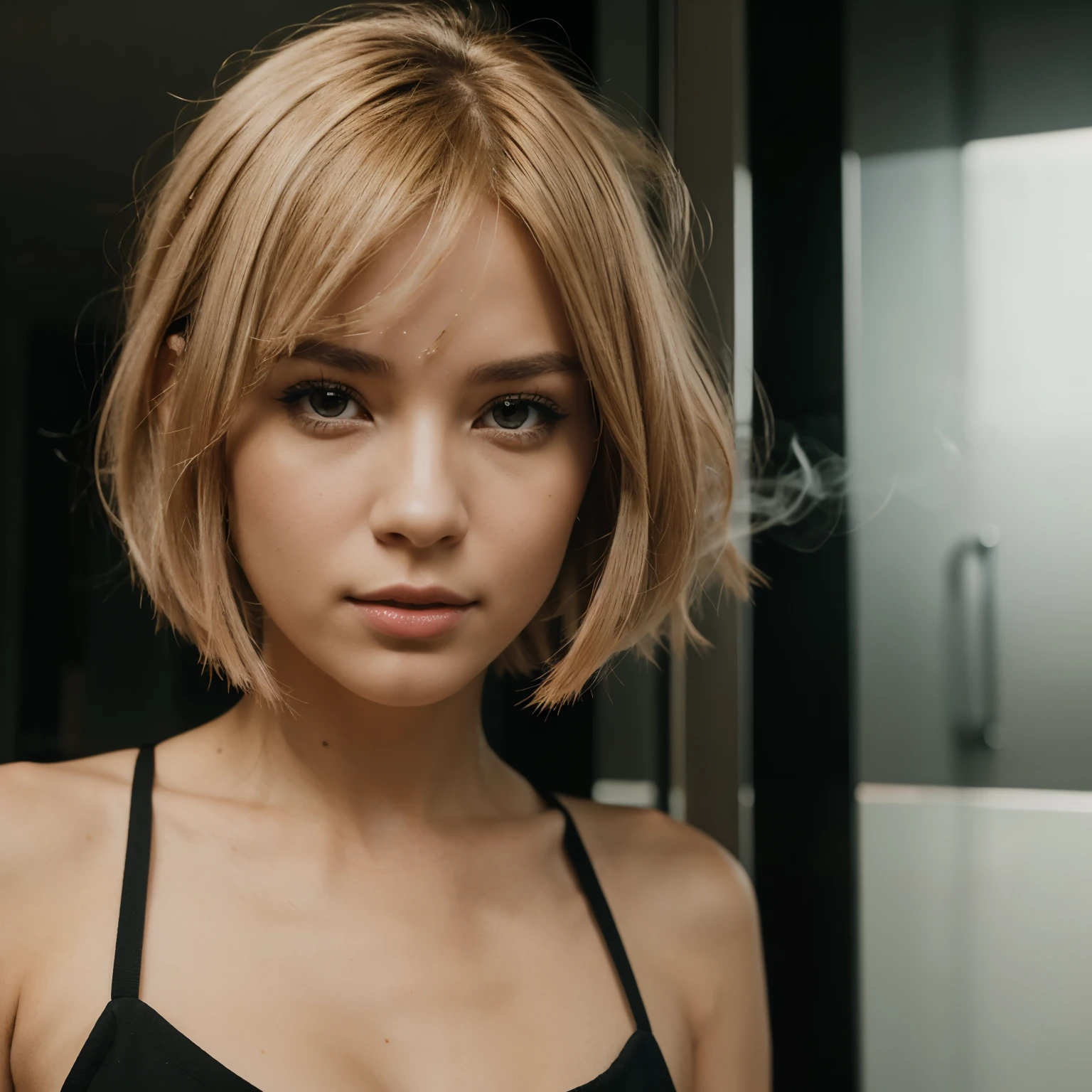 8k, RAW photo, best quality, ultra high resolution, photorealistic, slim girl with blonde bob undercut haircut, perfect hands, five fingers, selfie