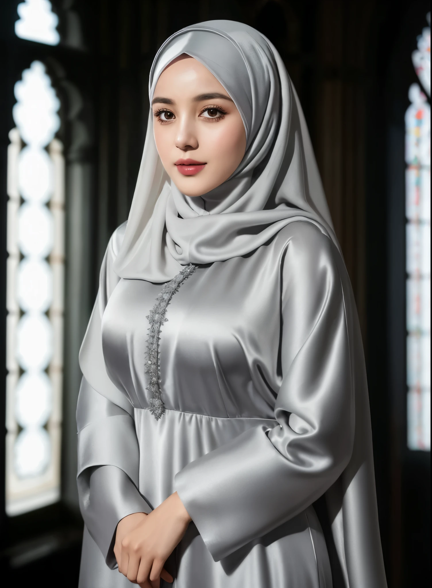 RAW photo of a 24 year old girl wearing hijab, satin abaya sexy light gray , satin, hijab face portrait,((Katedral Canterbury England background)), 8k uhd, dslr, soft lighting, high quality, film grain, Fujifilm XT3, covered dress, patterned dress, gigantic breasts:1.5