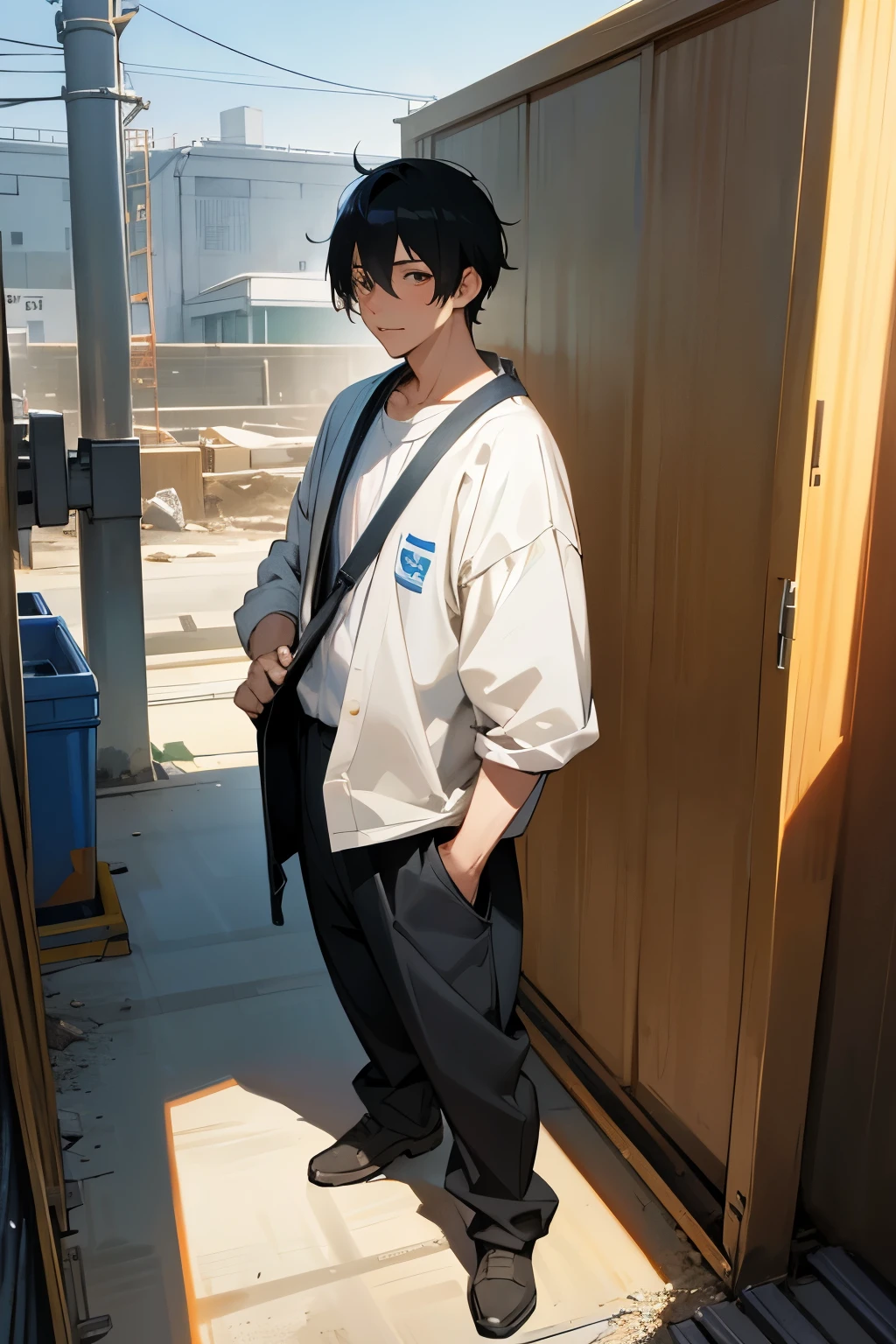 Standing picture、anime style、Character front、Black-haired man in his 30s、Background of the construction site、high resolution
