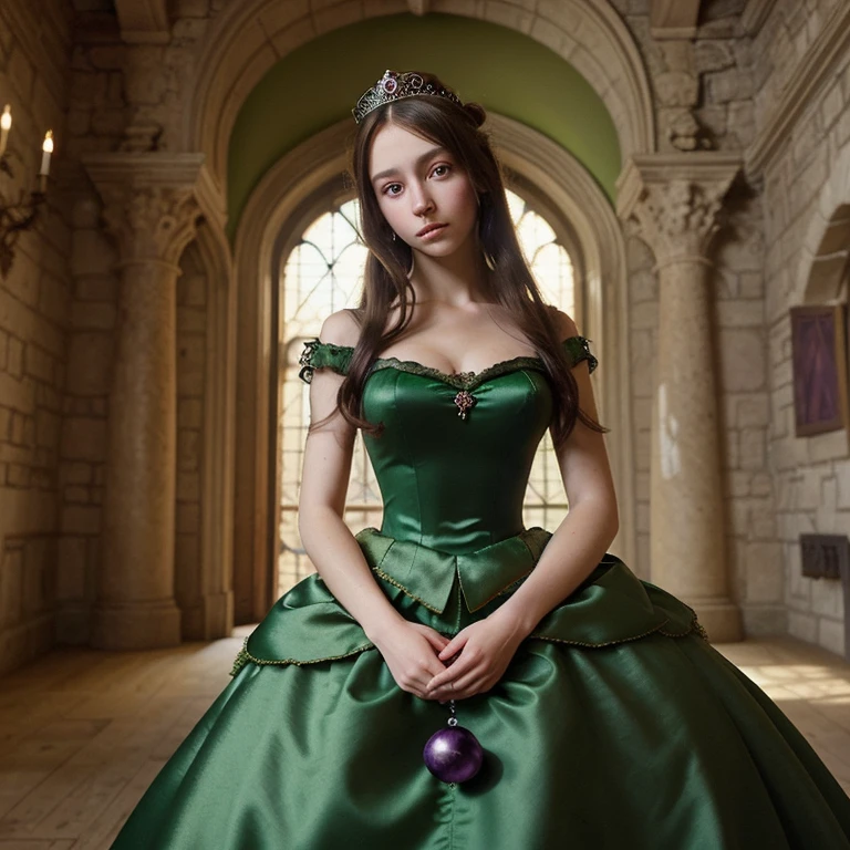 Most beautiful brunette anime baroque princess with amethyst eyes wearing a green ball gown, inside a medieval castle