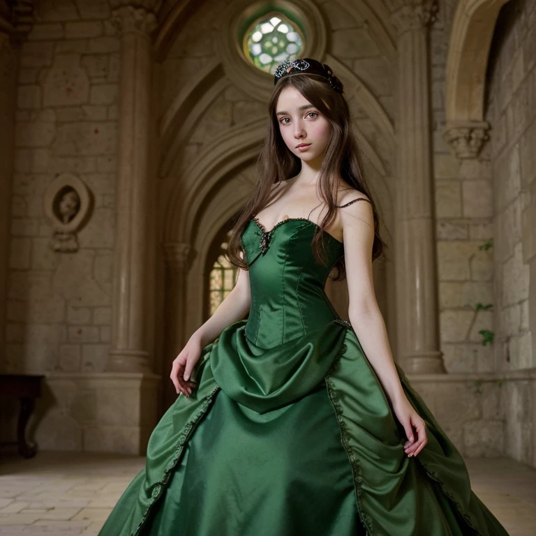 Most beautiful brunette anime baroque princess with amethyst eyes wearing a green ball gown, inside a medieval castle