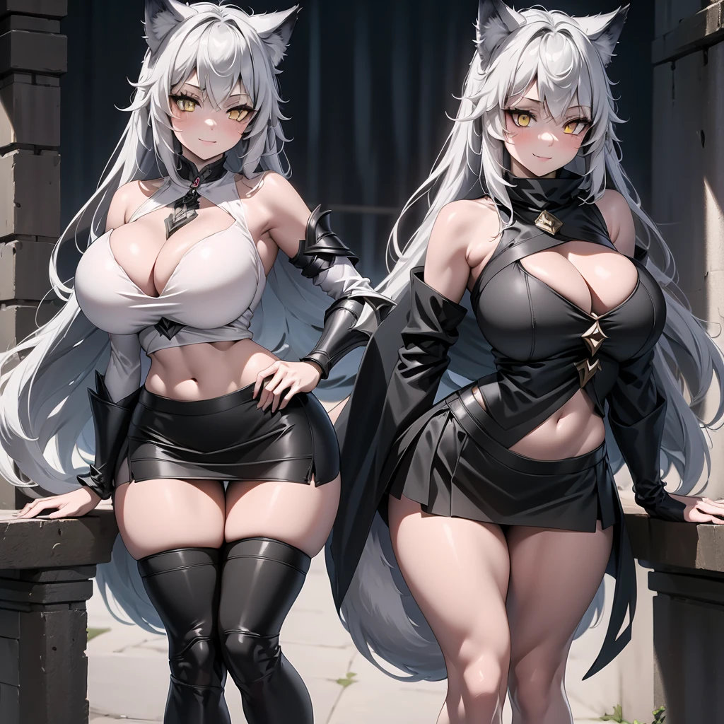 8K, Full body portrait, tall single beautiful young woman, fluffy wolf tail, white pale skin, smooth skin, especially detailed face, masterpiece, Ultra - detailed, beauty and aesthetics, tmasterpiece, best quality at best, fantastical Atmosphere, calm color palette, , highlydetailed face, ultra-detailed face, beautiful and aesthetic wolf tailed girl, athletic body, pale white skin, big breasts, curvy, busty, big ass, hourglass figure, long hair, gray-silver hair, a cute wolf young woman, wolf ears, long wolf tail, fluffy wolf tail, wolf-like irises, beautiful, enchanting, bright yellow eyes, detailed eyes, ultra-detailed eyes, accurate eyes, detailed irises, correct body proportions, elegant, small vertical scar under right eye, small rosy lips, cute fangs, wolf fangs, big breasts, slender elegant arms, pretty hands, detailed hands, charming, slight blush, shy smile, metal armor, black bike shorts and skirt with stylish metal chains and a black top, detached sleeves, black armor, metal chest armor, armored long bike shorts, long armored skirt, black armored fur jacket, black metal armor, silver metallic ornaments, bare off shoulders, toned abs, exposed belly, standing pose, cute pose, black thighigh on left leg, slight shy grin, sole girl