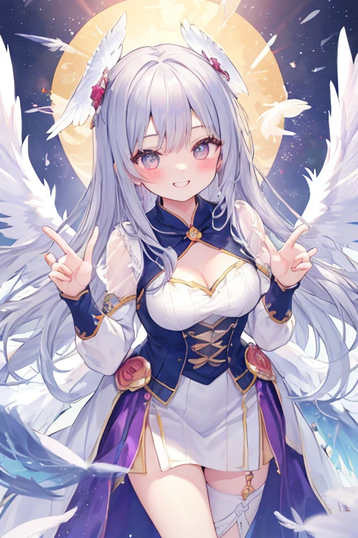 beautiful illustrations, highest quality, pretty girl,beautiful girl、clear face、 half girl、pastel colour 、blush、perfect hands、five fingers、fantasy、fantasy、thighs、(perfect face:1.1), (high detail:1.1)、smile、Angel、white feathers、white wings