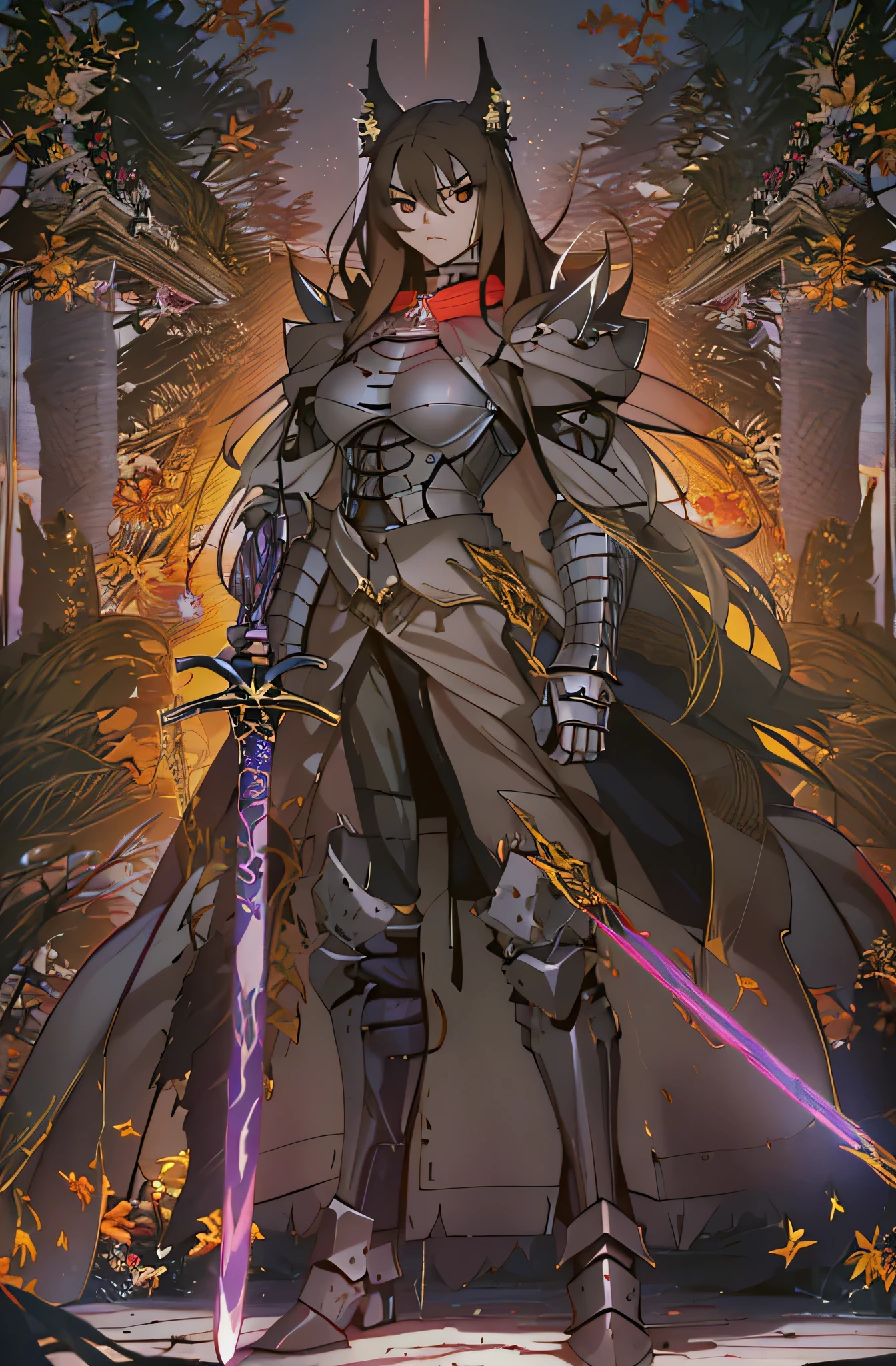 8k, masterpiece, highest quality, best quality, official art, beautiful and aesthetic, extremely detailed, (fractal art: 1.3), colorful, highest detailed, perfect face, athletic upper body, HDR,tall, athletic figure, Detailed face, Detailed eyes, brown eyes, perfect face, perfect eyes, ( 1mal, 1knight, slim waist, handaome face, pretty face, long brown hair, sharp jawline, tannned skin, sharp jawline, browm eyes, light armor, hero suit, black lipstick, black eyeshadow, brown hair, wolf cut, Standing, menacing pose, strong pose, holding sword, holding a claymore sword, holding a greatsword, big sword, Red glowing aura, menacing expression