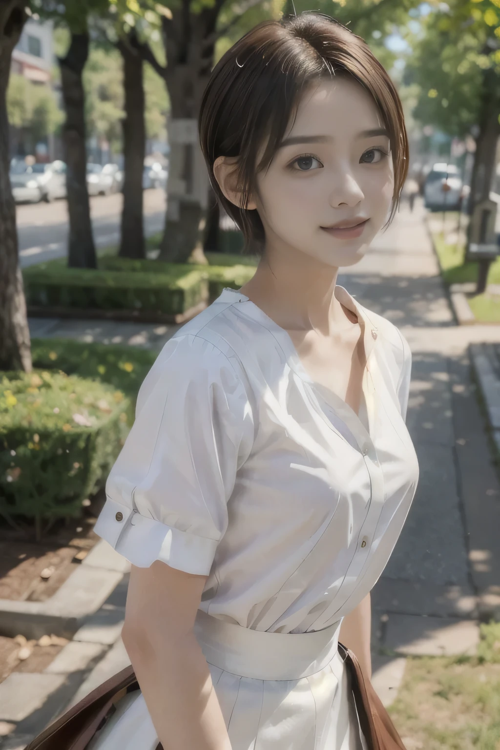 highest quality, masterpiece, Ultra-high resolution,(((Face Focus:1.6))) (Realistic:1.6), RAW Photos, 1 girl, 22 years old,(((White blouse))),((Long pleated skirt)),((Black Short Hair)),,((Looking up at the audience)),Realistic,((Greek Parthenon)), Image Media Chest)),((Smiling with teeth showing)),