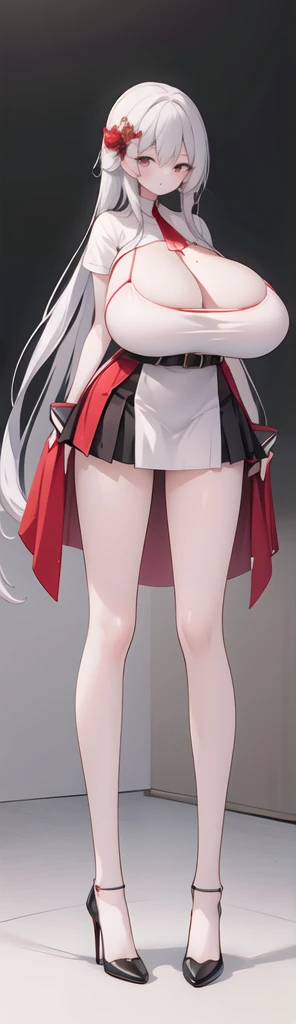 best quality,highres,extremely detailed,1girl,beautiful face,hair ornament,braid,very long_legs:1.5,miniskirt,shirt,red high heels,black legwear,gigantic breast,huge breast,