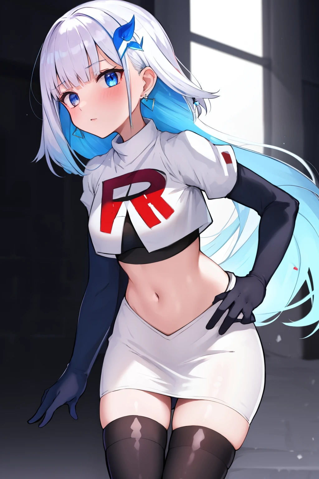 1 girl, alone ,blue eyes ,hair covers one eye, hair ornaments ,earrings ,Team Rocket uniform, red letter R, white skirt,white crop top,black thigh highs, black elbow gloves, 