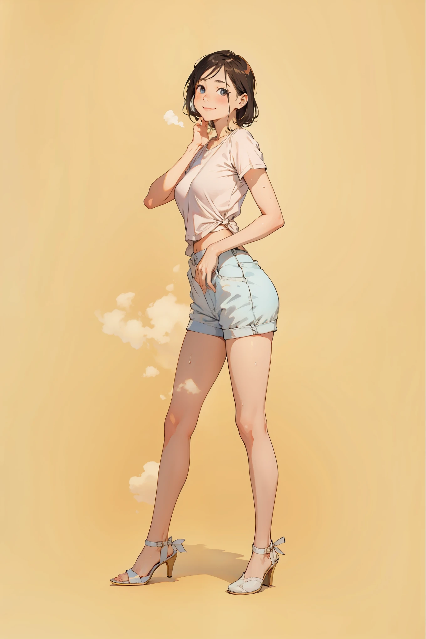 girl, sweat, steam, medium breast, shy, detailed hand, looking at viewer, light smile,