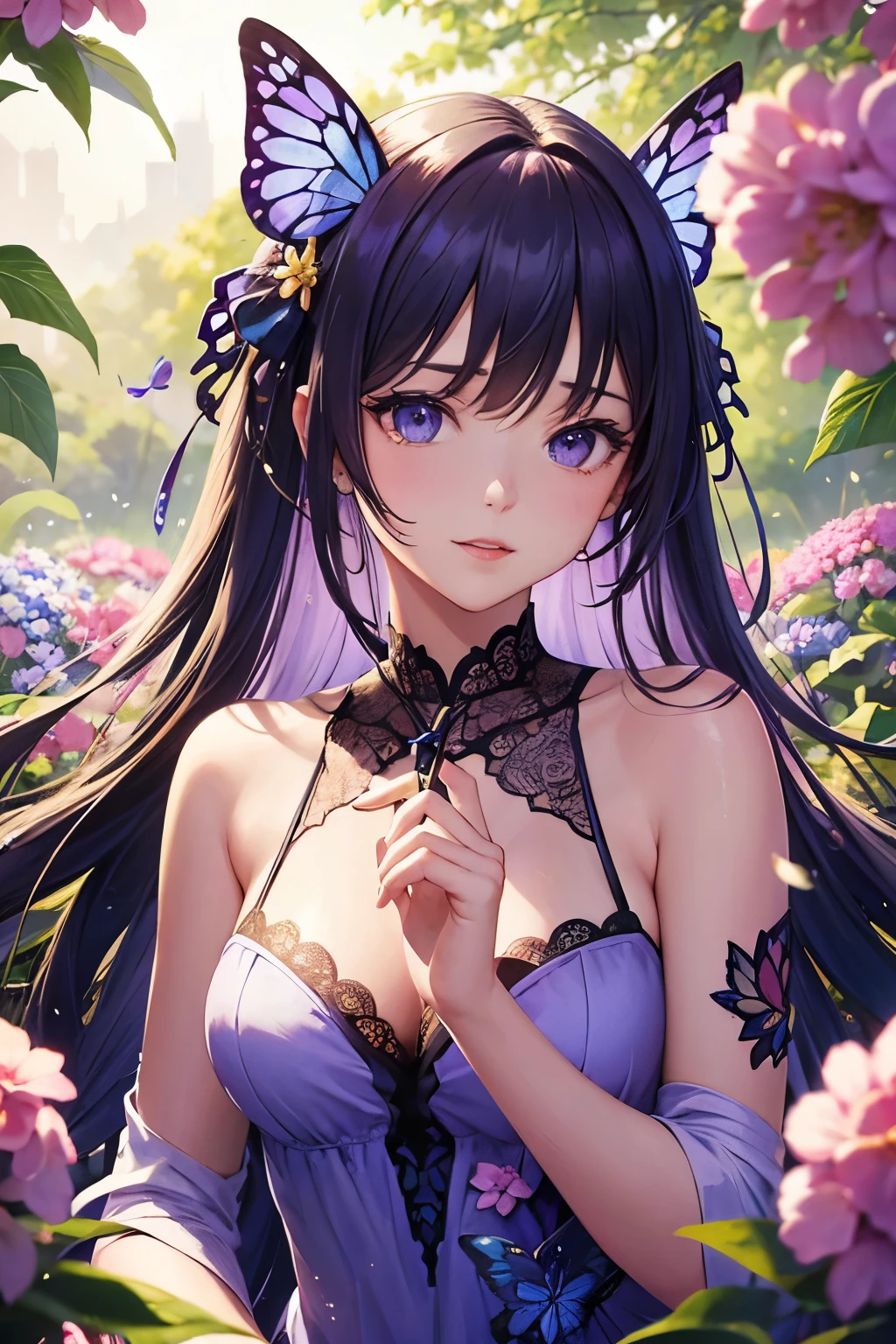 Surreal 8K CG,masterpiece,((Ultra detailed backgrounds,delicate pattern,intricate details)),best quality best,very very detailed face,Highly detailed eyes and face,very detailed eyes,kochou shinobu,multicolored hair,no bangs,hair intake,purple eyes,forehead, butterfly ,alone ,chibi,Tyndall effect , (playboy_rabbit_girl:1.2),(casino_background)