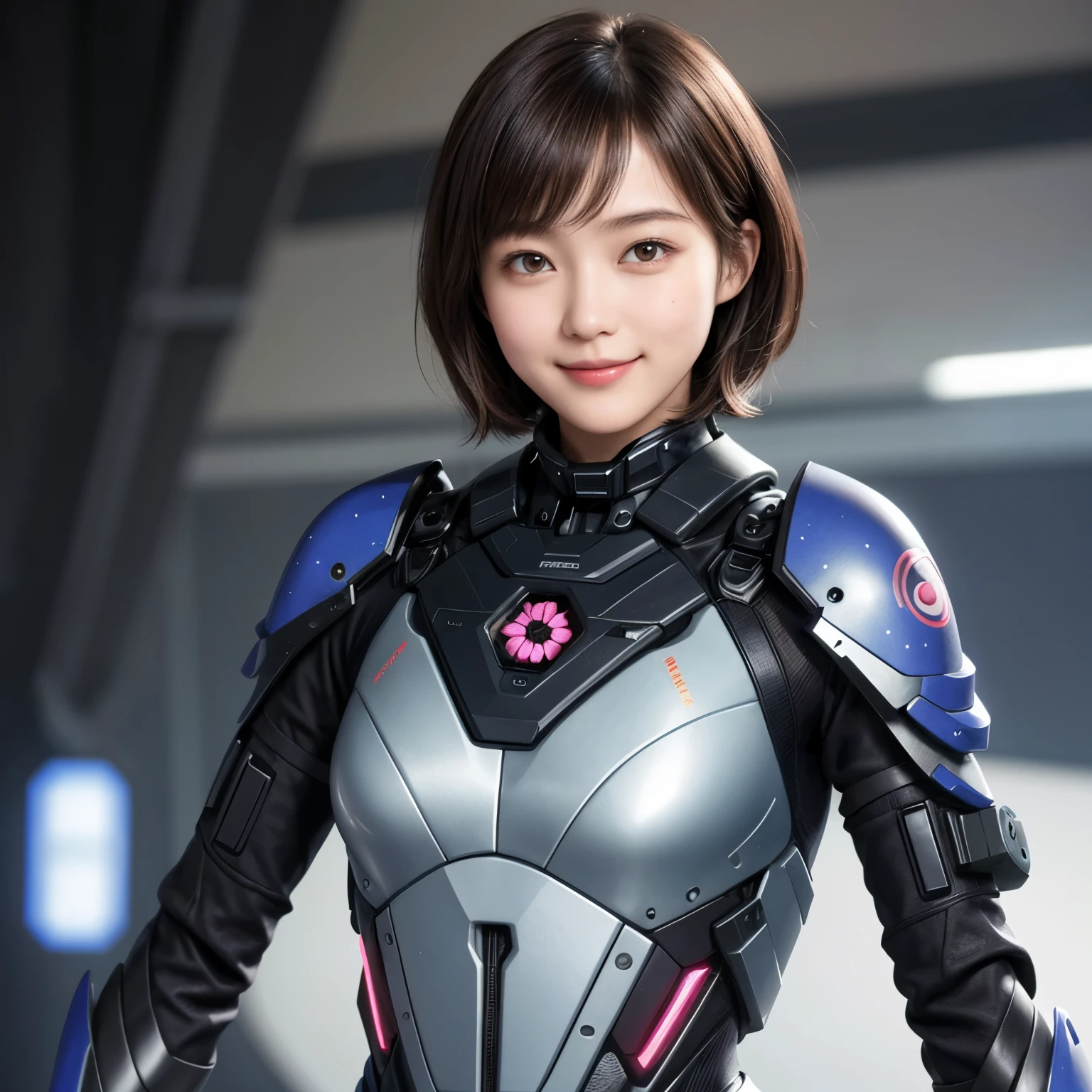 207 Short Hair, 20 year old female, Floral, gentle smile, futuristic clothes, mechanical suit