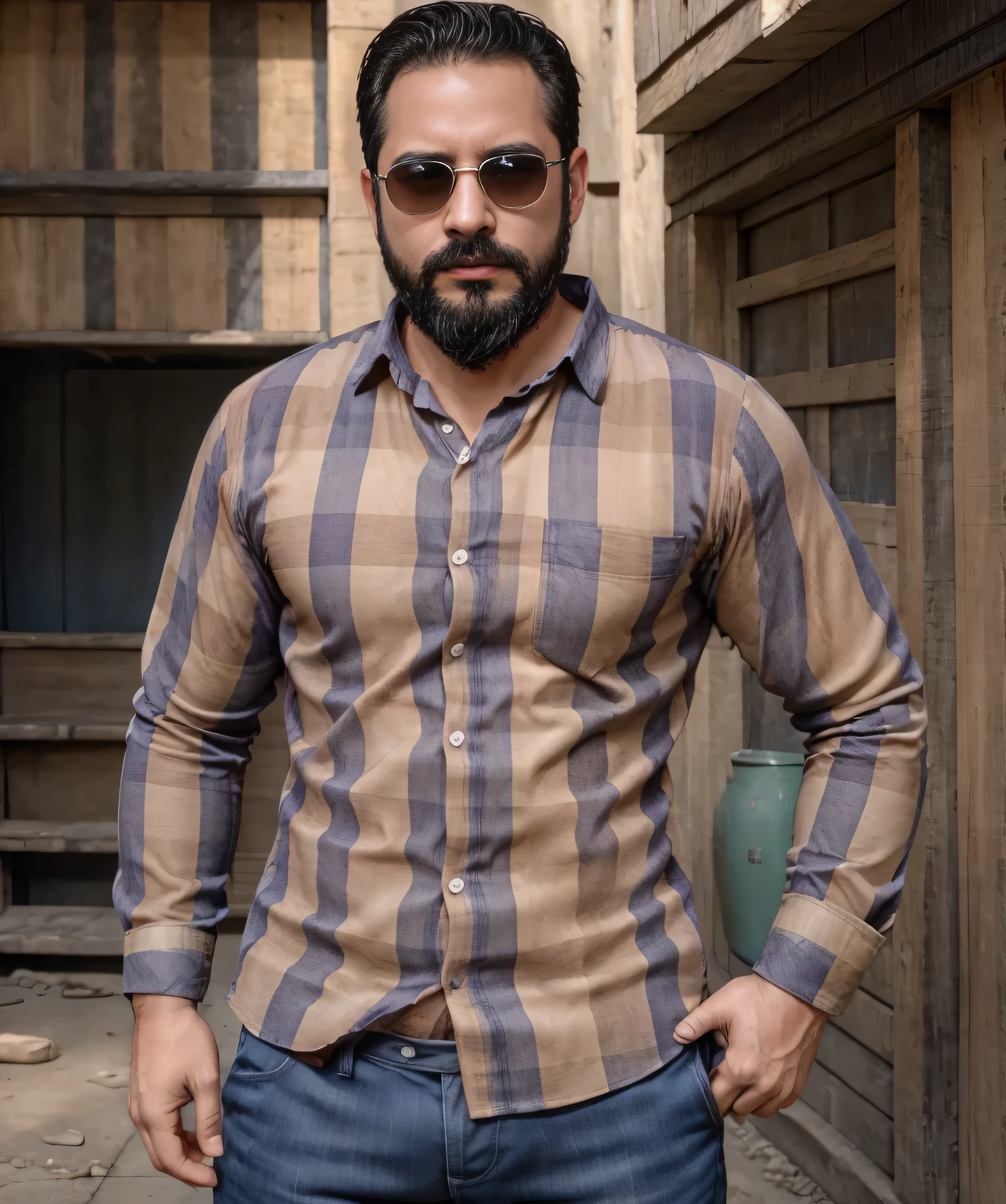 Obra maestra, desenfoque de campo, Parte superior del cuerpo, hands in pants pockets , 38 year old man with beard and square sunglasses. Man wearing a plaid shirt in a Netflix drug trafficking series with a firestorm in the background.