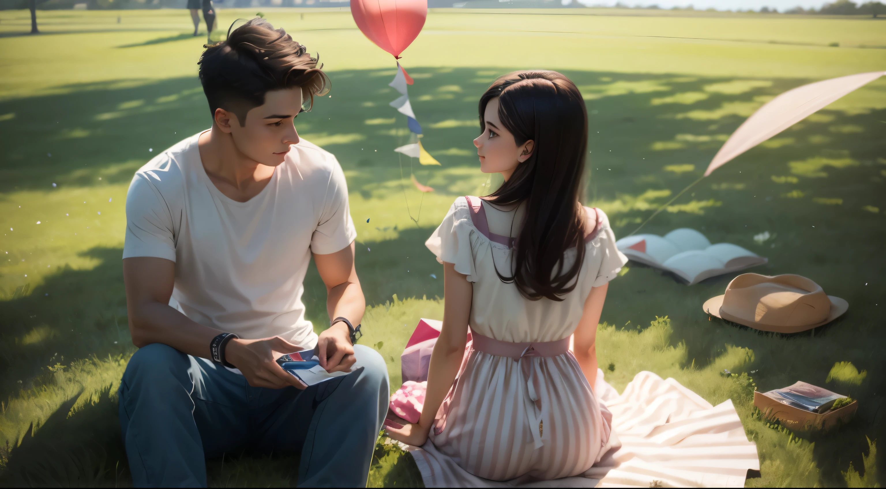Young couple flying a kite on the grass