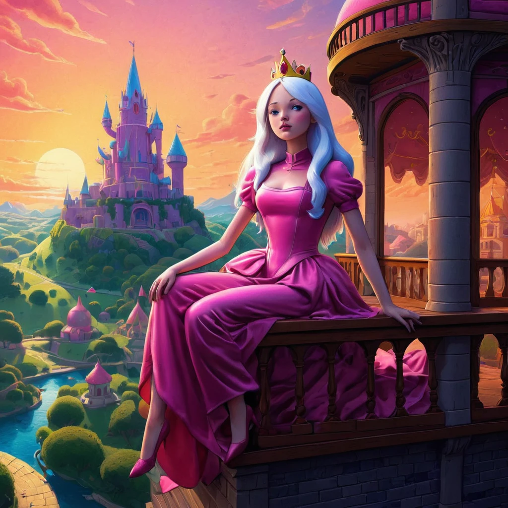 Adventure Time comics. Princess Buble Gum stands on the balcony of her palace. The background is A Landscape of the Candy Kingdom, chiaroscuro, high contrast, textured look, Ultra bright colors, digital Art, perfect composition, beautiful detailed intricate insanely detailed octane render trending on artstation, 8 k artistic photography, photorealistic concept art, soft natural volumetric cinematic perfect light, chiaroscuro, award - winning photograph, masterpiece, oil on canvas,, intricate details as seen in octane rendering, High Resolution, High Quality, Masterpiece