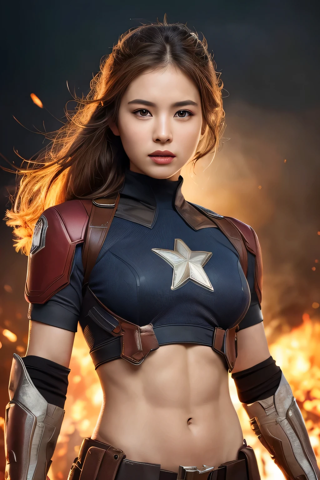 ((best quality)), ((masterpiece)), (detailed), highly realistic, 4k, high definition, sharp pixels, sharp image, 1 sexy young asian  mascular girl, cute girl, long hair, pony tail hairstyle, blonde, big breasts, perfect body:1.5, perfect face:1.5, perfect lips:1.5, perfect nose:1.5, highly detailed face, highly detailed eyes, highly detailed lips, highly detailed body, full body view, Mascular arms, six pack abs, Mascular thighs, strong Mascular body, wearing captain America costume, war background, girl standing on a war front, army fighting as background, fire effects, highly detailed background, perfect background 