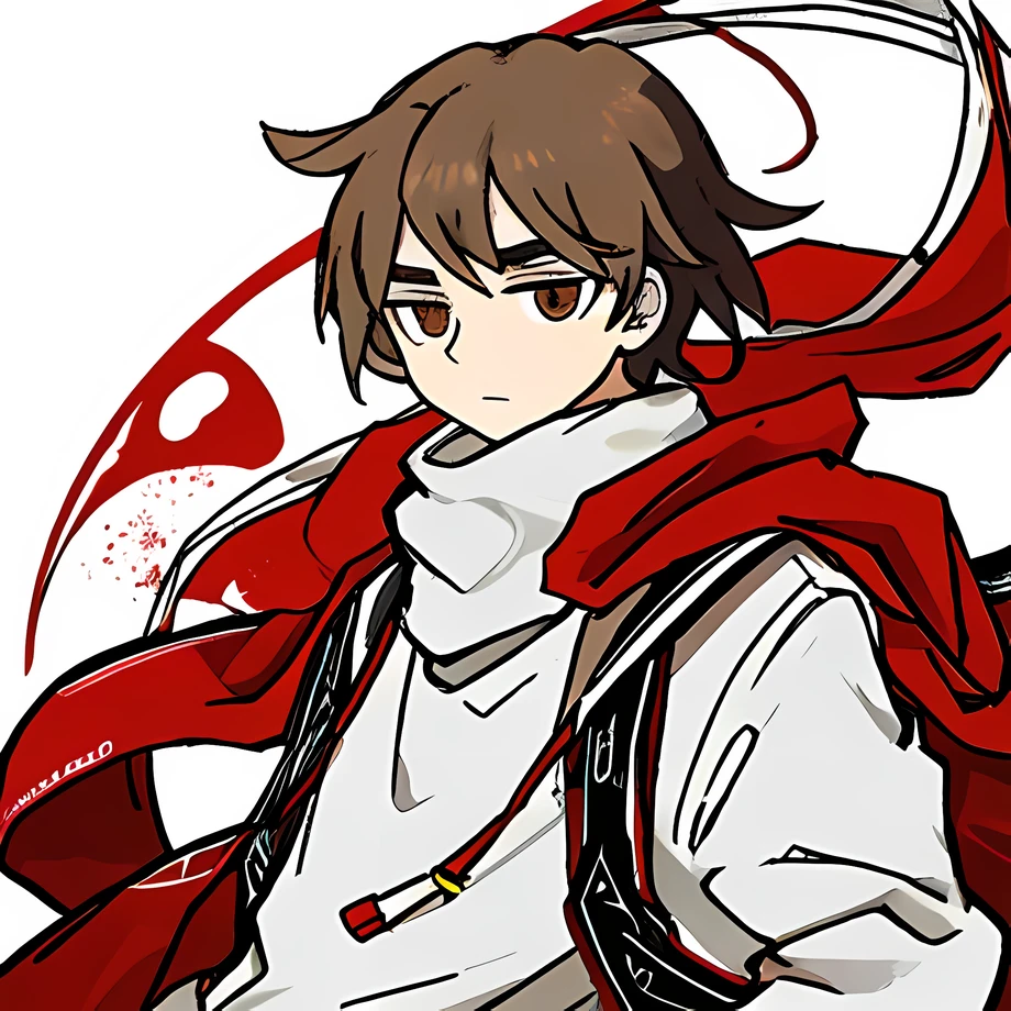 A 18 Years old white Male, short brown hair with a part of it covering the left eye only while that part also reaches close to the cheek, having a little serious but neutral look, eyes colored brown clean like wood, white and gray sweater and also brown pants, red like crimson scarf, small yellow hat with fox ears, 1,73 Meters tall, background all white with nothing except the character only