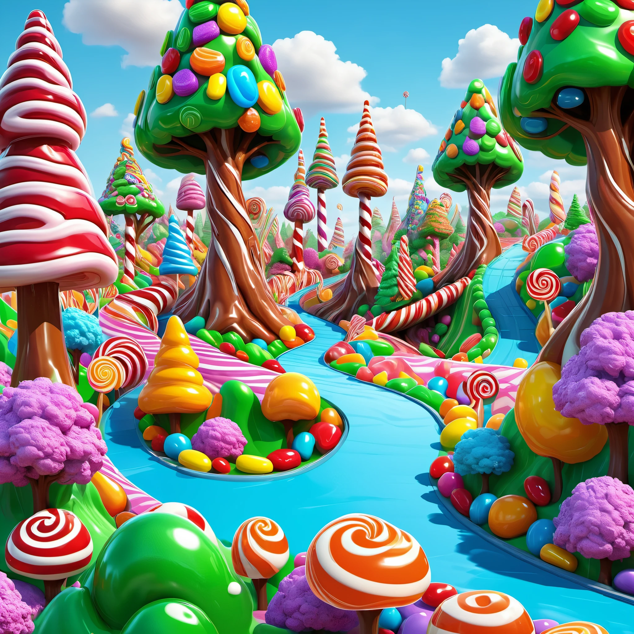 (candy land Explore a candy land realm filled with edible trees, where gumdrop mountains rise to dizzying heights, and the paths are paved with smooth, vibrant gummy bricks.), 8k octane render, high detail, masterpiece, hyperdetailed, intricate details