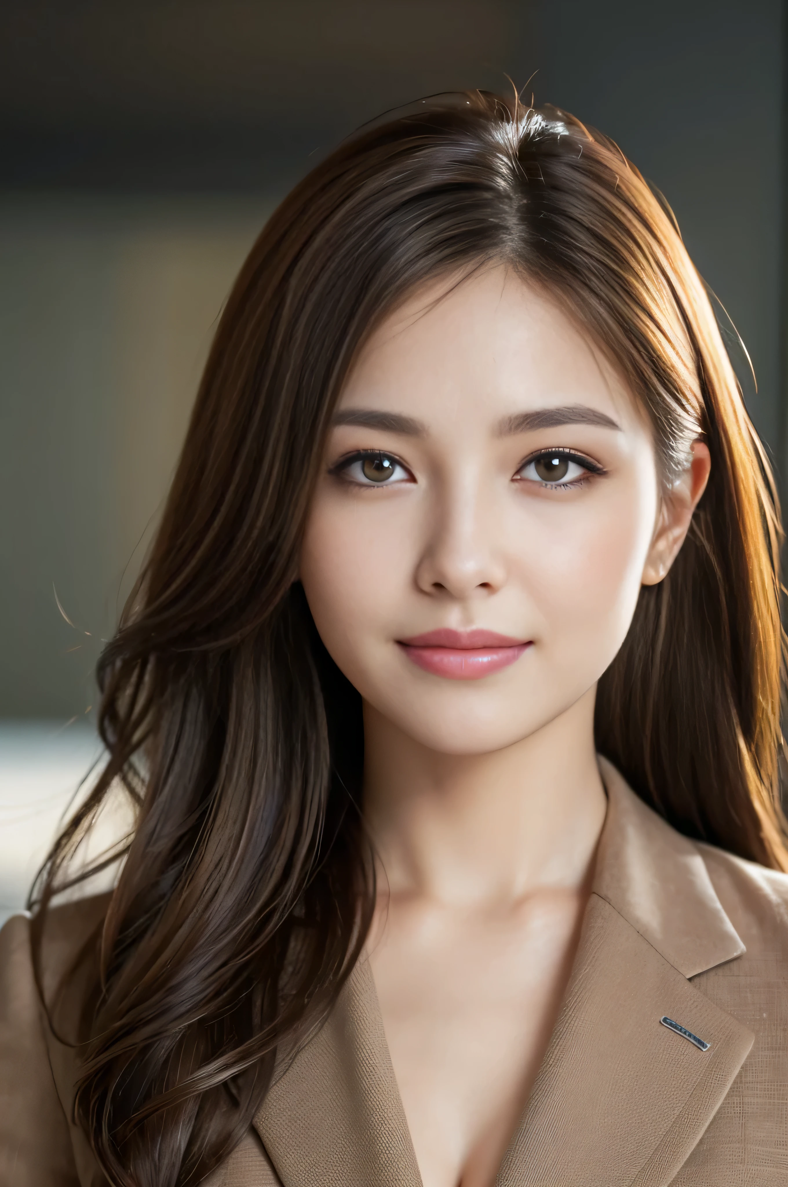 table top, highest quality, realistic, Super detailed, finely, High resolution, 8k wallpaper, 1 beautiful woman,, light brown messy hair, wearing a business suit, sharp focus, perfect dynamic composition, finely beautiful eyes, thin hair, Detailed and realistic skin texture, smile, close-up portrait, model body shape