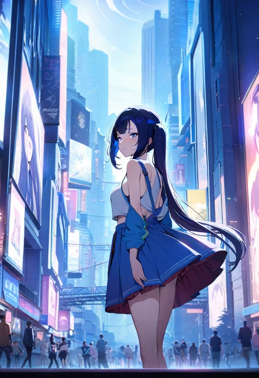 ((shylily)).masterpiece, best quality,1girl, solo, blush, twintails, long hair, hair between eyes, ((streetwear clothes)), city, outdoors, night, movie poster, extremely detailed 8K, smooth, high resolution, ultra quality, cinematic lighting, ambient occlusion, hd, 2k, 4k, 8k, 16k, extremely detailed anime, detailed faces, perfect composition, wide shot, atmospheric lighting, very sexy, lift skirt, random low back angle, uncensored, sin censura