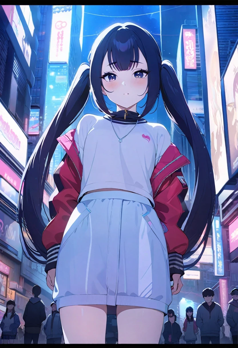 ((shylily)).masterpiece, best quality,1girl, solo, blush, twintails, long hair, hair between eyes, ((streetwear clothes)), city, outdoors, night, movie poster, extremely detailed 8K, smooth, high resolution, ultra quality, cinematic lighting, ambient occlusion, hd, 2k, 4k, 8k, 16k, extremely detailed anime, detailed faces, perfect composition, wide shot, atmospheric lighting, very sexy, lift skirt, random low back angle, uncensored, sin censura
