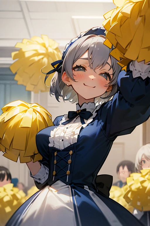 short gray hair, blush, cheerleader、Headbang 2.、Navy blue and yellow、Elegant ta、Victorian Maiden、Cheerfully cheering、