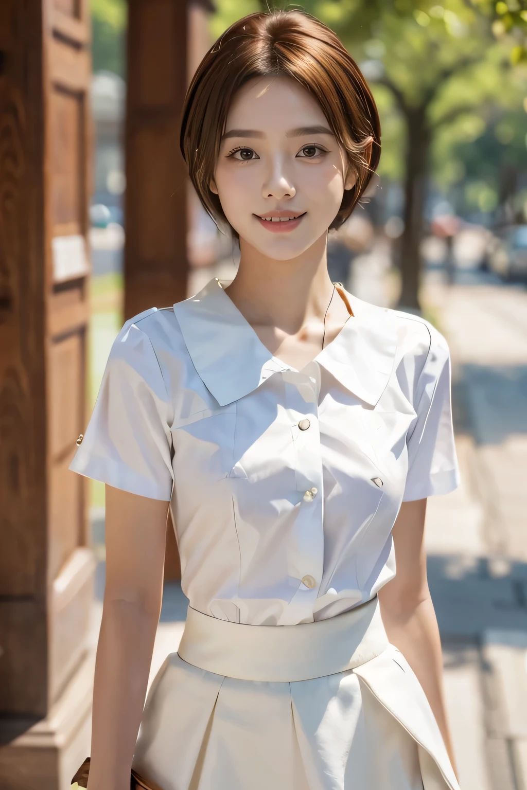 masterpiece, highest quality, Photoreal, Super detailed, finely, High resolution, 8k wallpaper, Professional, Advanced level of detail, ((One 15-year-old girl:1.2)), Slender Japanese women,, detailed clavicle, Medium chest、perfect face, (Front facing:1.2)、(Cute short hair:1.5), chestnut hair、(White blouse with flared skirt:1.5)、cute face、(looking straight ahead:1.5)、(brown skin:1.5)、full body shot、(cute smile:1.5)、Balanced Professional Portion、