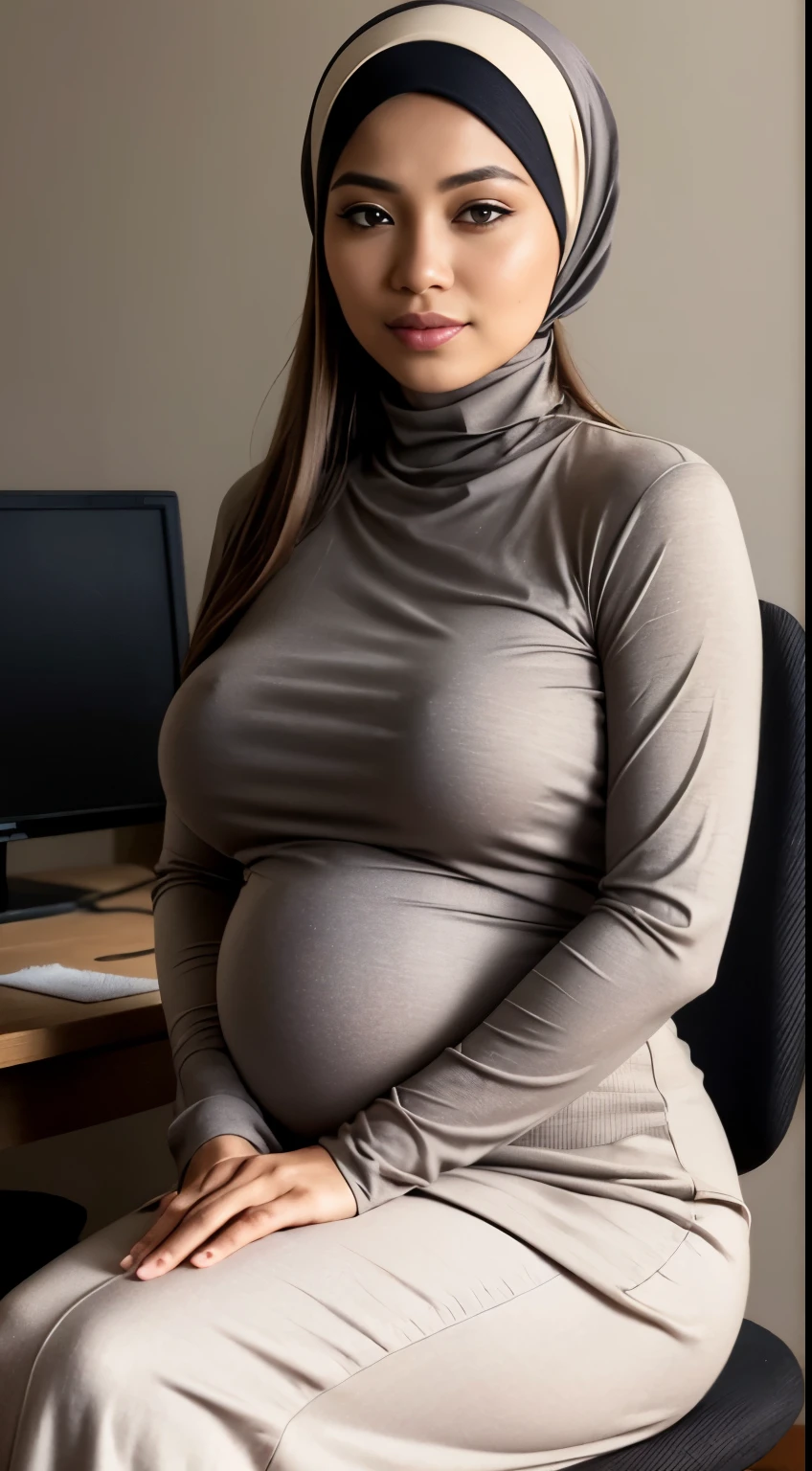 RAW, Best quality, high resolution, Masterpiece: 1.3), Beautiful Malay woman in hijab,Masterpiece, best quality,8k, brown eyes, perfect eyes,RAW, Best quality, high resolution, Masterpiece: 1.3), Beautiful Malay woman in hijab,Masterpiece , best quality,8k, brown eyes, perfect eyes, (realistic:1.3), ((A mature woman sitting in the office)),((turtleneck shirt:1.3)). ((long skirt)),40k, Photography, Masterpiece, Best quality, dark gray background, ((Mature woman, Wife, Mom, MILF)), ((Buxen breasts)), Perfect face, perfect breasts, ( (As big as breasts)), ((huge pregnant)), ((1 girl with brown eyes and a beautiful hijap)). a beautiful malay woman, soft full breasts and white skin, ((very soft breasts)). Highly detailed face, Detailed eyes, Embarrassed, Smile, Summer, Daytime, (((Slave collar))), Half body, dated
