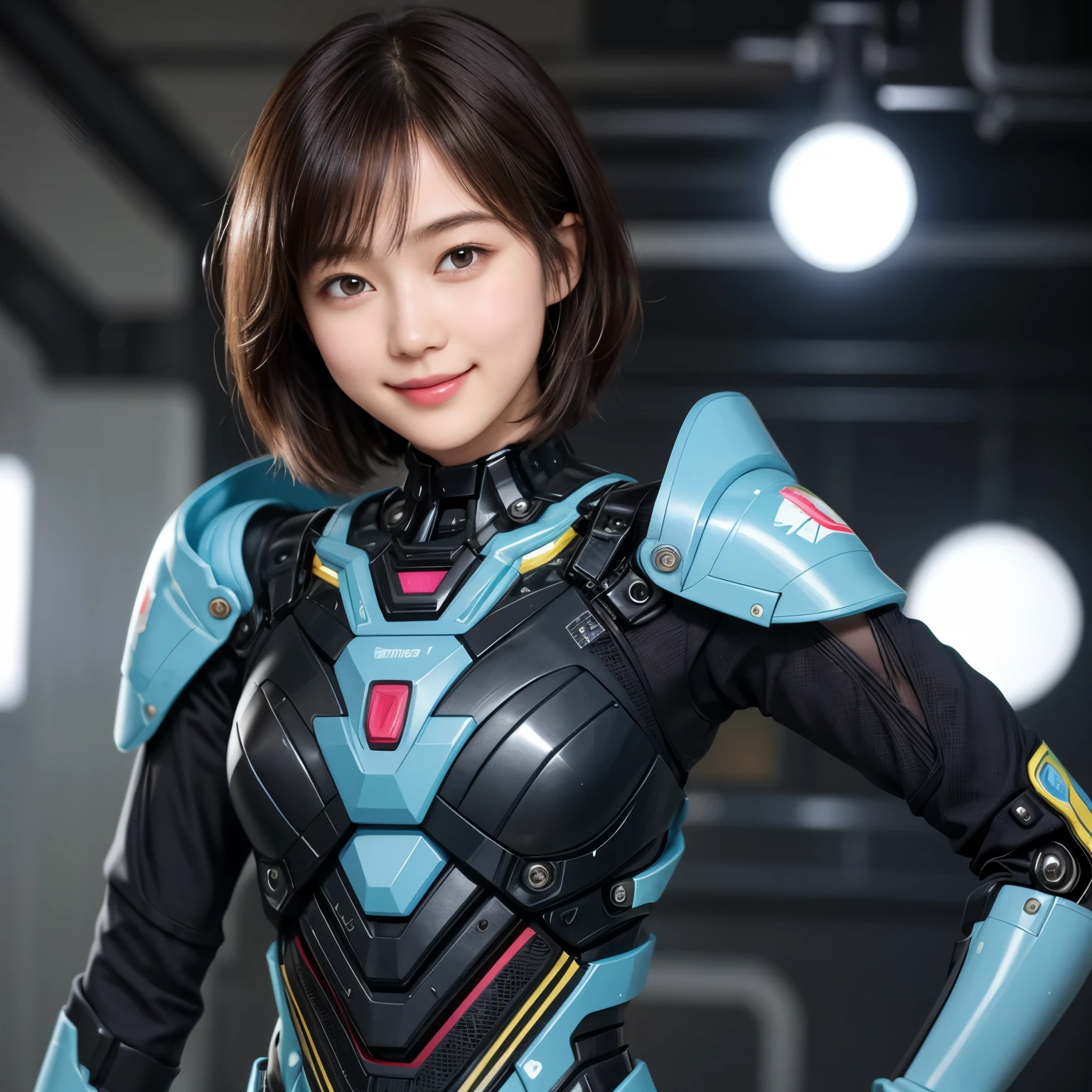 207 Short Hair, 20 year old female, Floral, gentle smile, futuristic clothes, mechanical suit