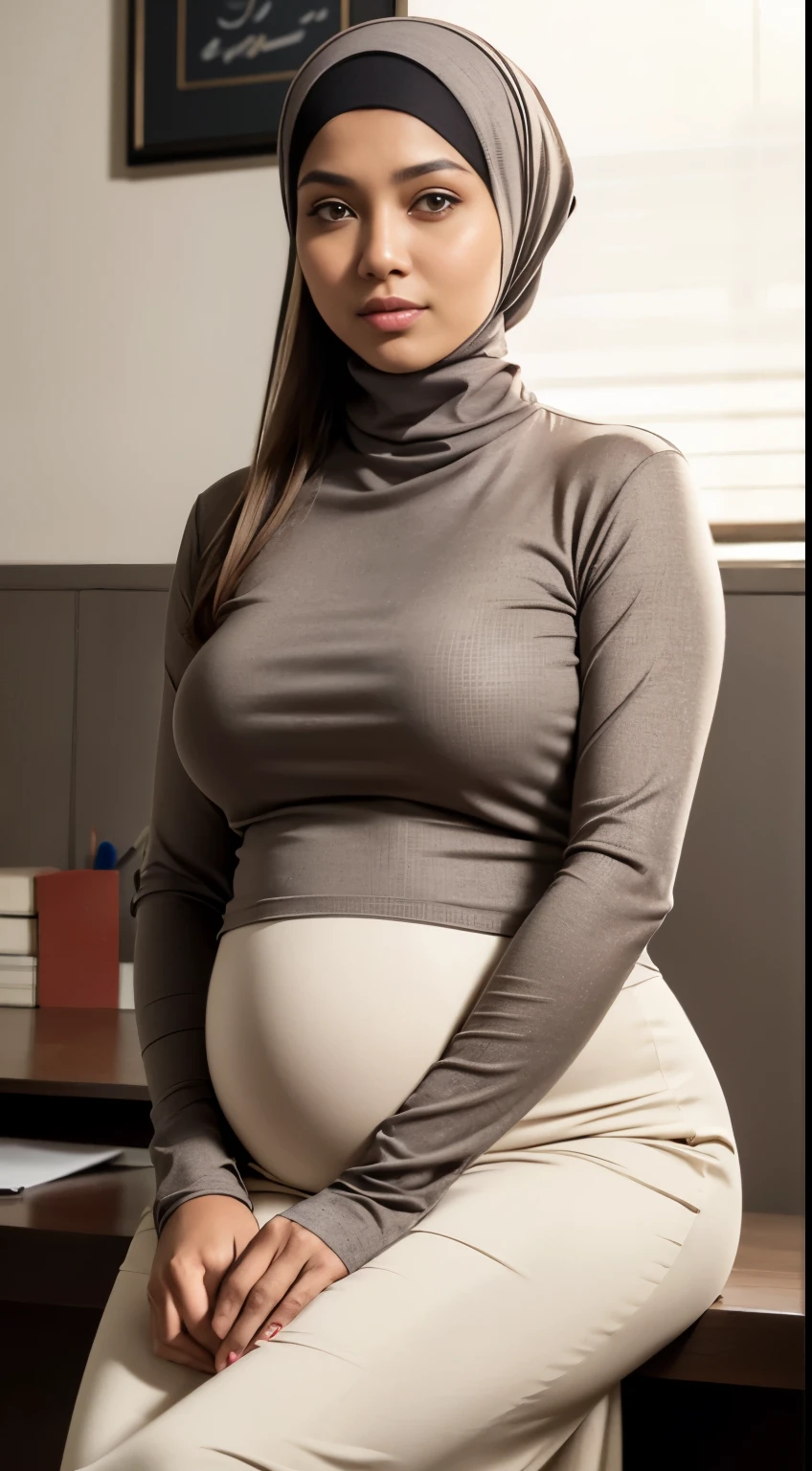 RAW, Best quality, high resolution, Masterpiece: 1.3), Beautiful Malay woman in hijab,Masterpiece, best quality,8k, brown eyes, perfect eyes,RAW, Best quality, high resolution, Masterpiece: 1.3), Beautiful Malay woman in hijab,Masterpiece , best quality,8k, brown eyes, perfect eyes, (realistic:1.3), ((A mature woman sitting in the office)),((turtleneck shirt:1.3)). ((long skirt)),40k, Photography, Masterpiece, Best quality, dark gray background, ((Mature woman, Wife, Mom, MILF)), ((Buxen breasts)), Perfect face, perfect breasts, ( (As big as breasts)), ((huge pregnant)), ((1 girl with brown eyes and a beautiful hijap)). a beautiful malay woman, soft full breasts and white skin, ((very soft breasts)). Highly detailed face, Detailed eyes, Embarrassed, Smile, Summer, Daytime, (((Slave collar))), Half body, dated