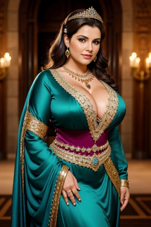 MILF, 2 QUEENS, , BBW, photo vintage, visage feminin parfait, , tache de rousseur, 1888, big huge breasts : 48H,FRONT VIEW, Rembrandt LIGHT , EXTREME LONG V-NECK, BIG CLEAVAGE, BEAUTIFUL EYES, BEAUTIFUL HANDS, LIGHT SMILES, PERFECT FACE, tres long décolleté, CASTLE BACKGROUND, QUEEN, NECKLACE, RING, JEWELERY RICH, SFW, FULL BODY, COLORFUL, ARABIAN,