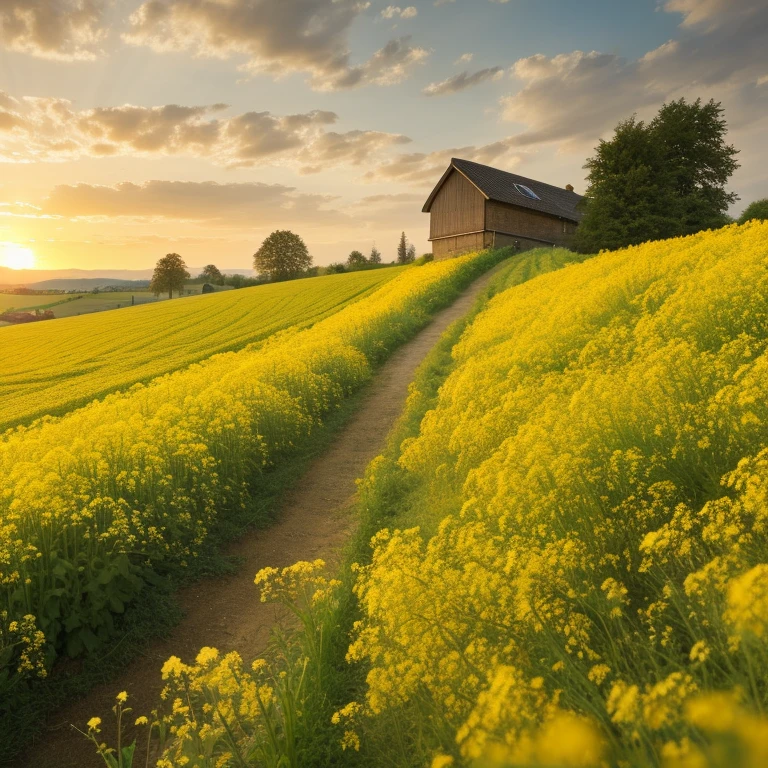 best quality，actual，real life，photography，masterpiece，best quality，，Terraces，Clear pattern，Rapeseed flowers，High-definition images，Structured，sunset，A farmer leads a cow on a field path